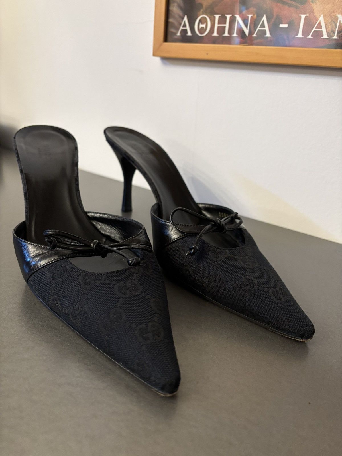 Gucci Black monogram mules grommet accents decorative leather bow Size US 8.5 / IT 38.5 - 14 Thumbnail