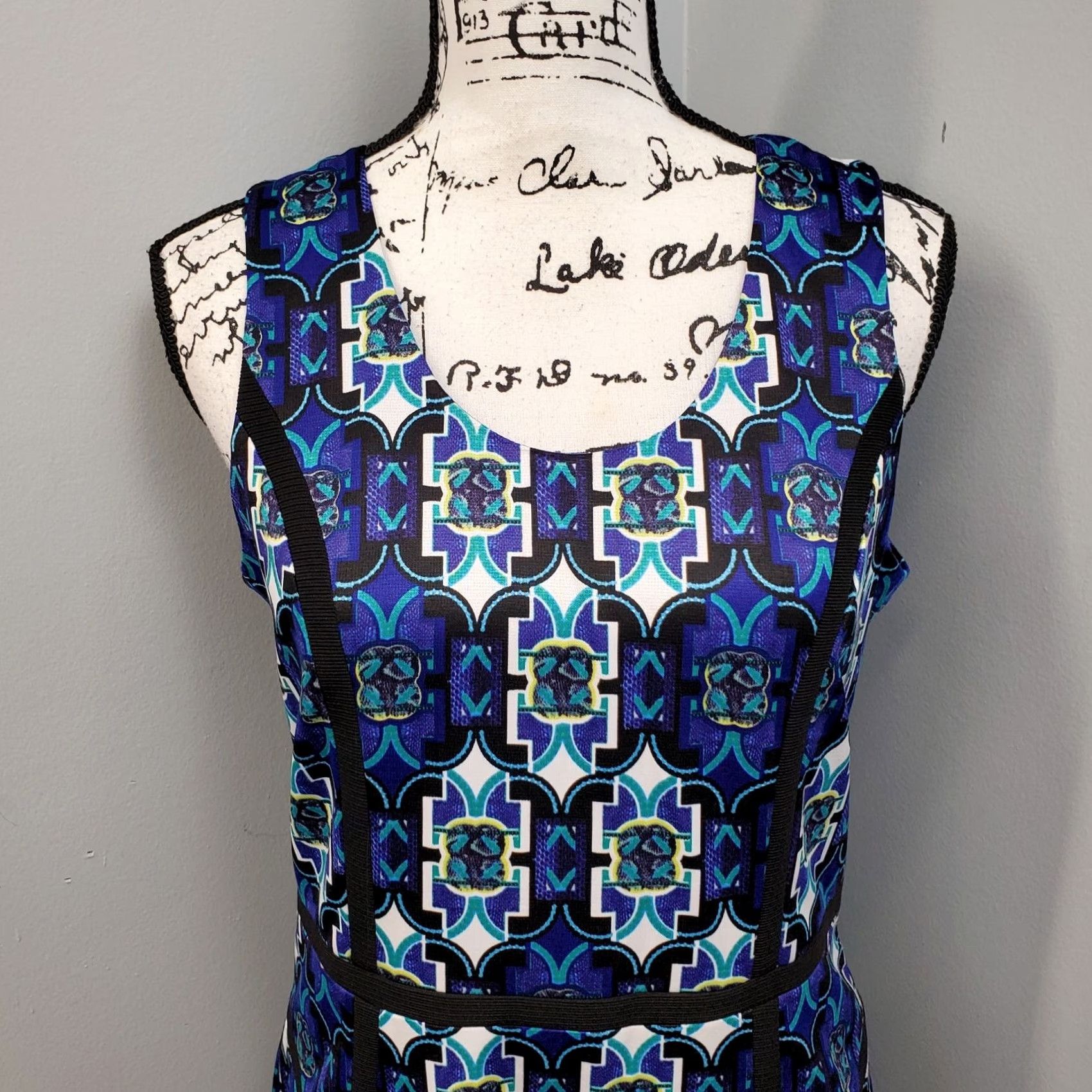 Andrew Marc Andrew Marc Sheath Dress Women Size 10 Multicolor Geometric Black Trimming Midi Sleeveless Scoop Neck Size L / US 10 / IT 46 - 3 Thumbnail