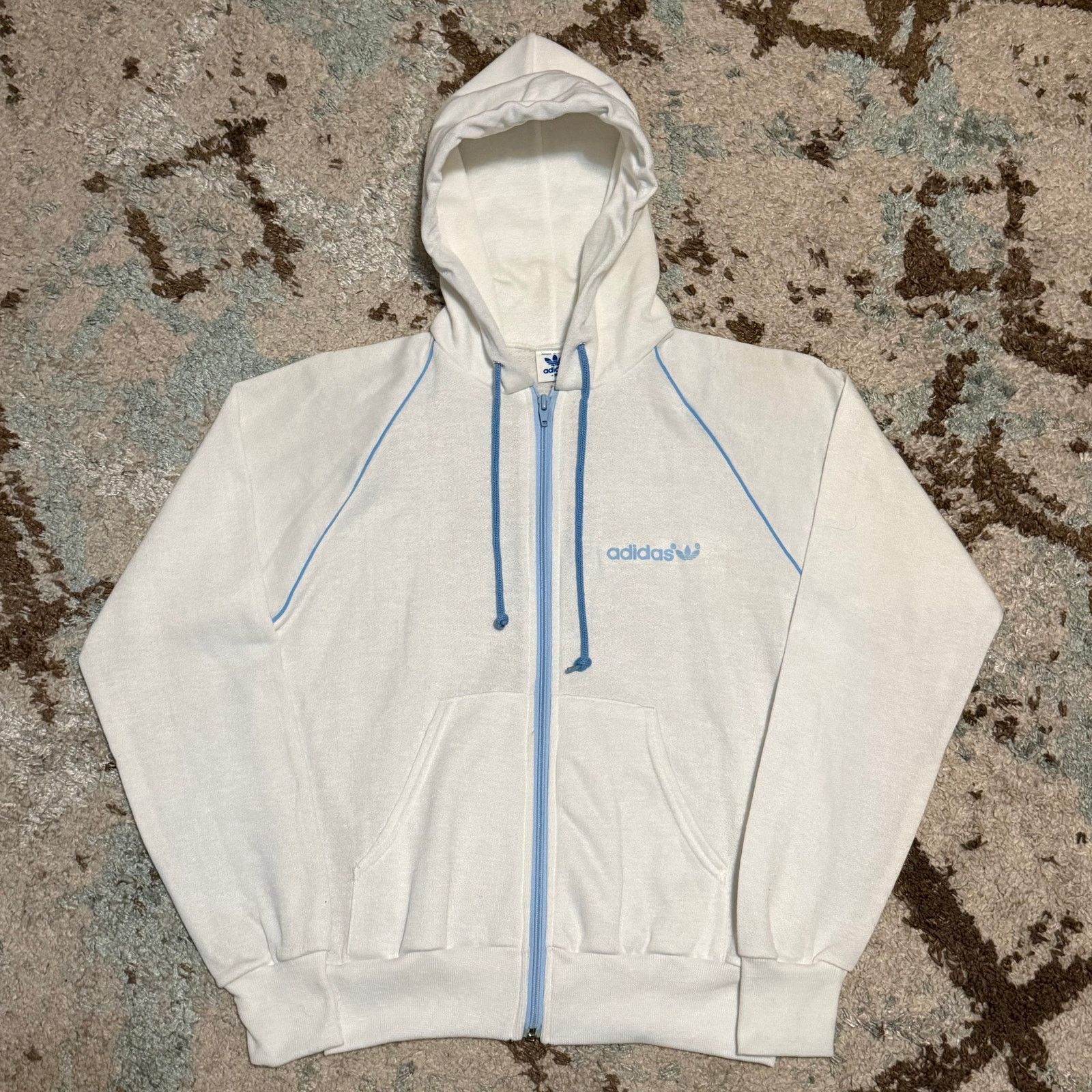 Adidas × Vintage Vintage 80s Adidas Full Zip Hoodie Medium White/Baby Blue Size M / US 6-8 / IT 42-44 - 1 Thumbnail