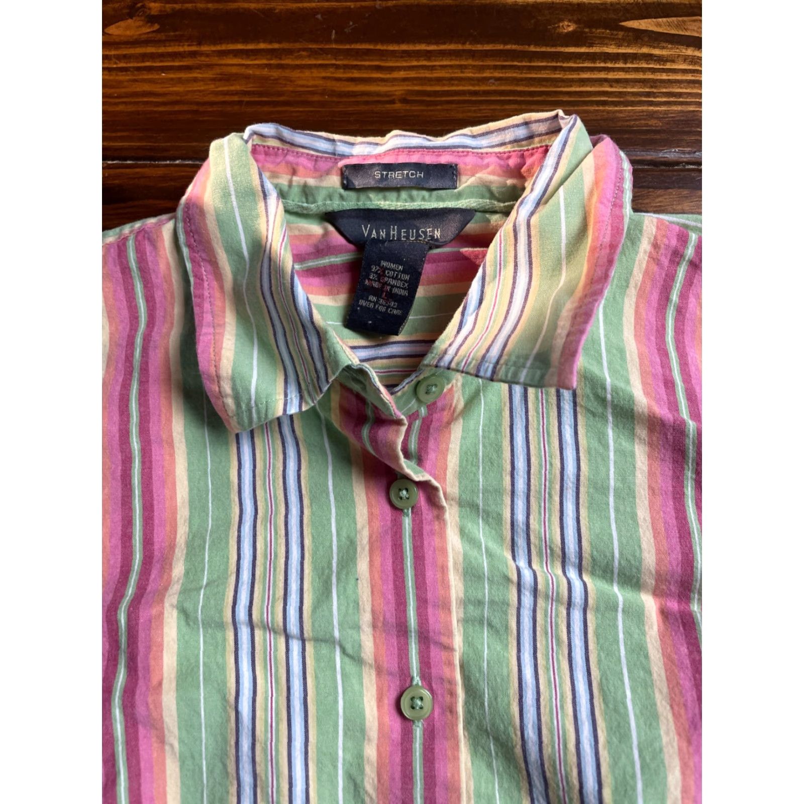 Van Heusen VINTAGE? (No) Van Heusen Shirt Women’s L Pink Green Striped Button-Up Long Sleeve Collared Casual Cotton Blend Regular Fit Womens Size L / US 10 / IT 46 - 3 Thumbnail