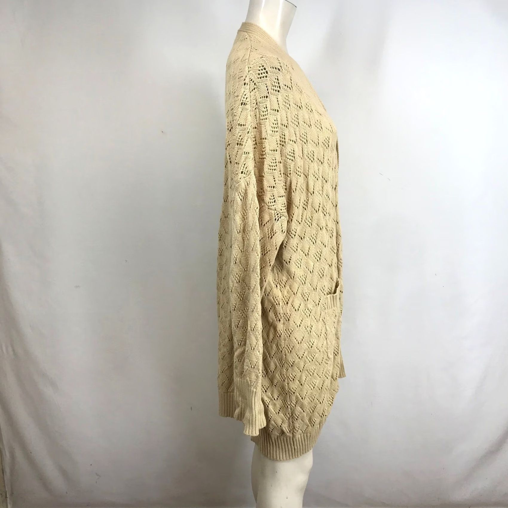 Vintage HEYSON Cardigan Knit Diamond Pattern Open Front Pockets Beige Long Size 3XL Size XXL / US 16-18 / IT 52-54 - 4 Thumbnail