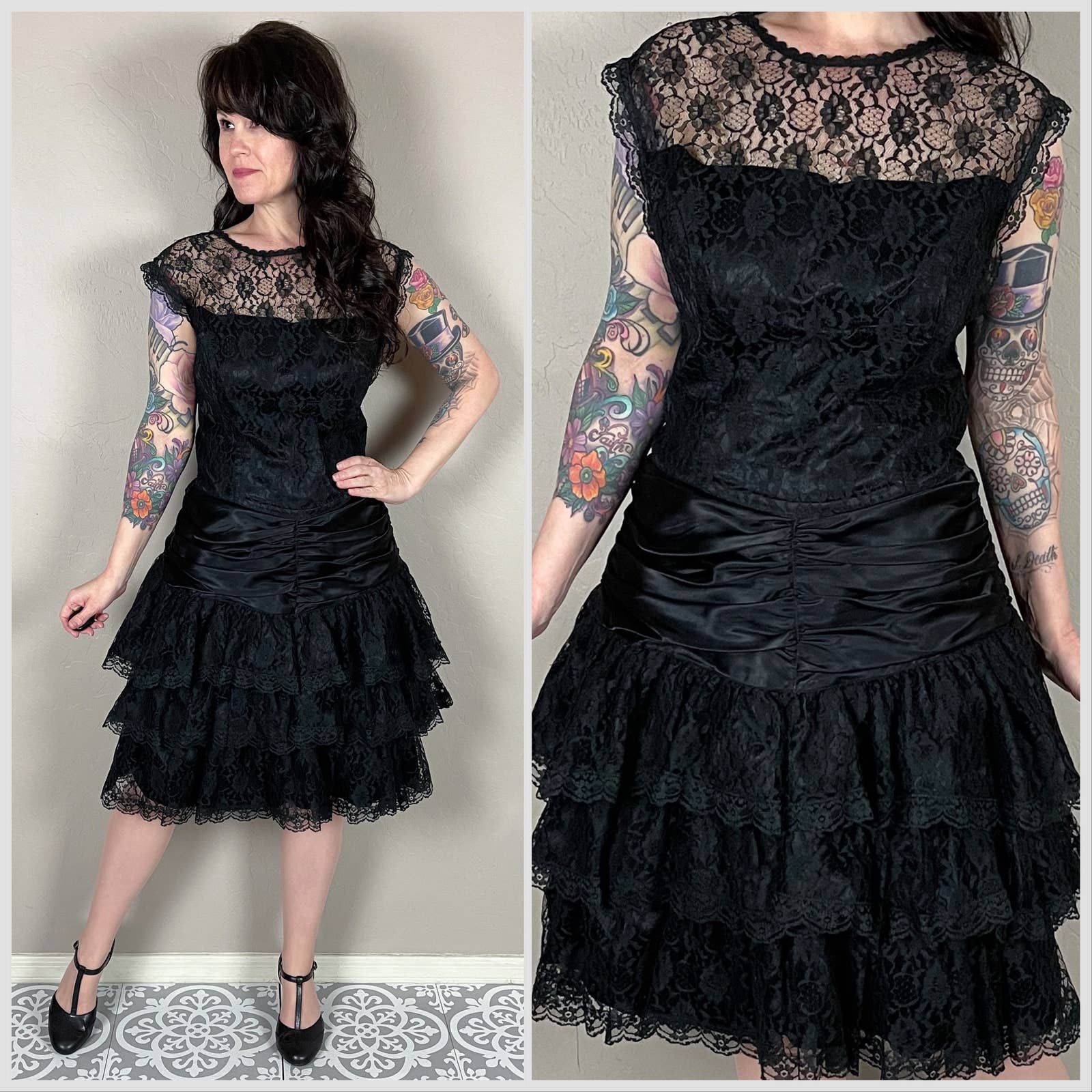 image of Vintage 1980S Black Lace Ruffle Tiered Dress, Women's (Size Medium)