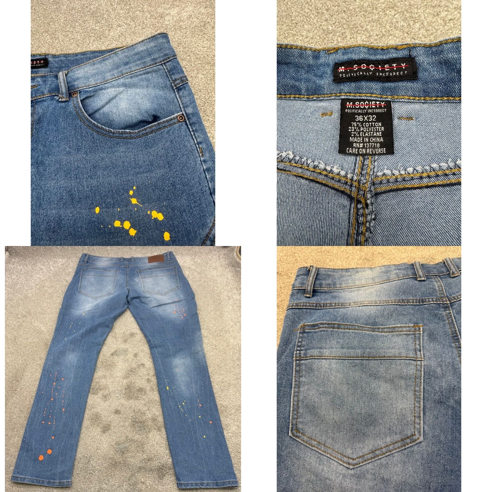 Vintage M Society Jeans Mens 36x32 Blue Denim Distressed Skinny Paint Splatter Ribbed Jeans Size US 36 / EU 52 - 9 Thumbnail