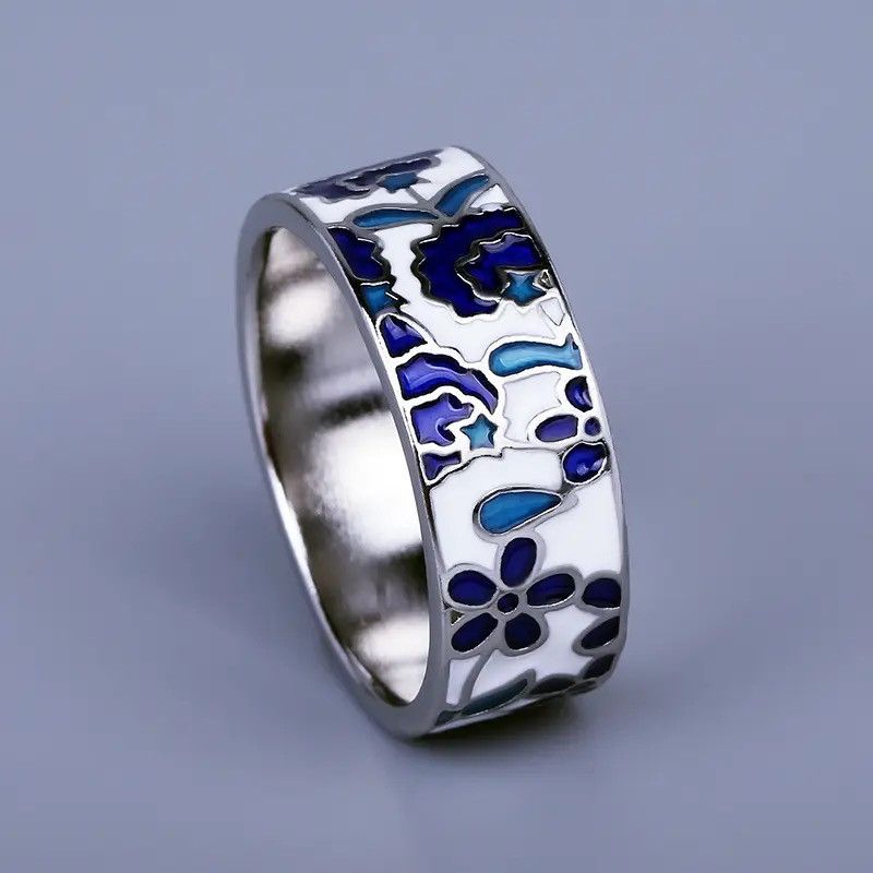 Jewelry Ring Blue Enamel Flower Size ONE SIZE - 1 Thumbnail