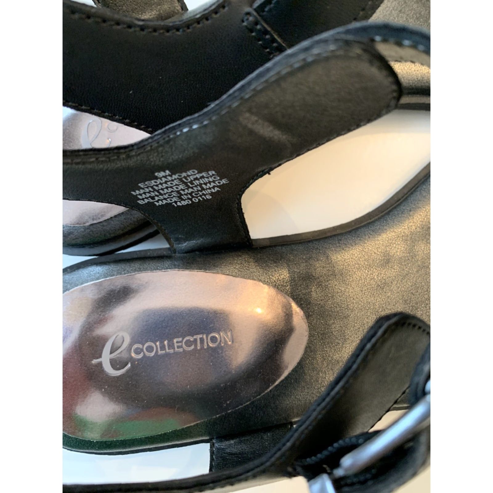 Vintage 9M E Collection Women's Sandals "ES Diamond" Black Faux Leather Bejeweled Flat Size US 9 / IT 39 - 7 Thumbnail