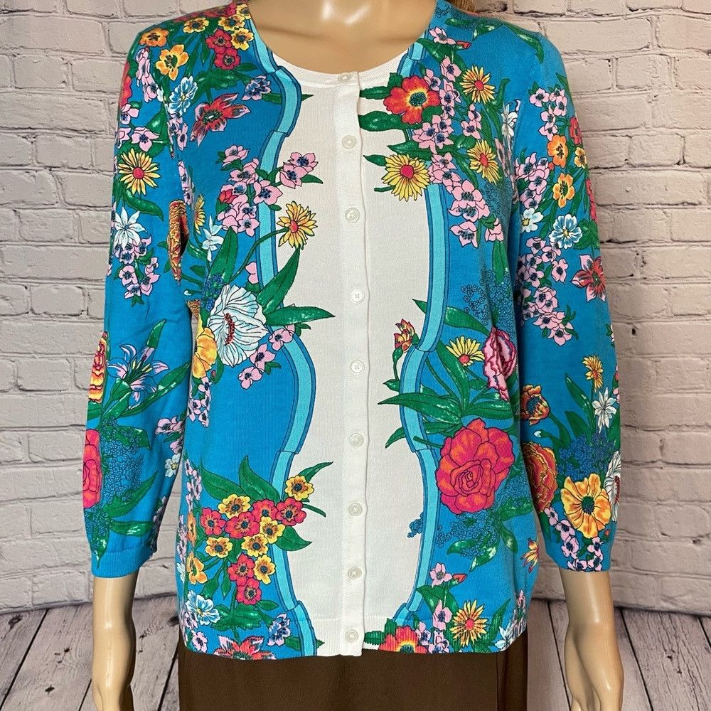 Talbots New Talbots Charming Blossoms Cotton Cardigan Size LP Size L / US 10 / IT 46 - 3 Thumbnail