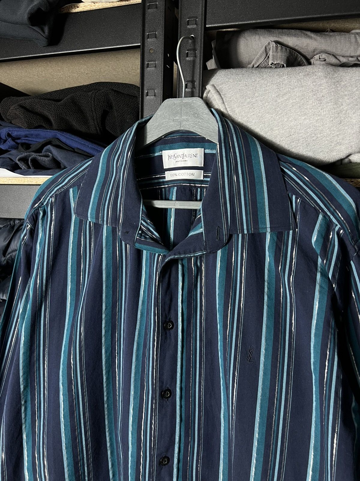 Yves Saint Laurent Yves Saint Laurent YSL Striped Button Up Shirt Navy Cotton Size US L / EU 52-54 / 3 - 2 Thumbnail