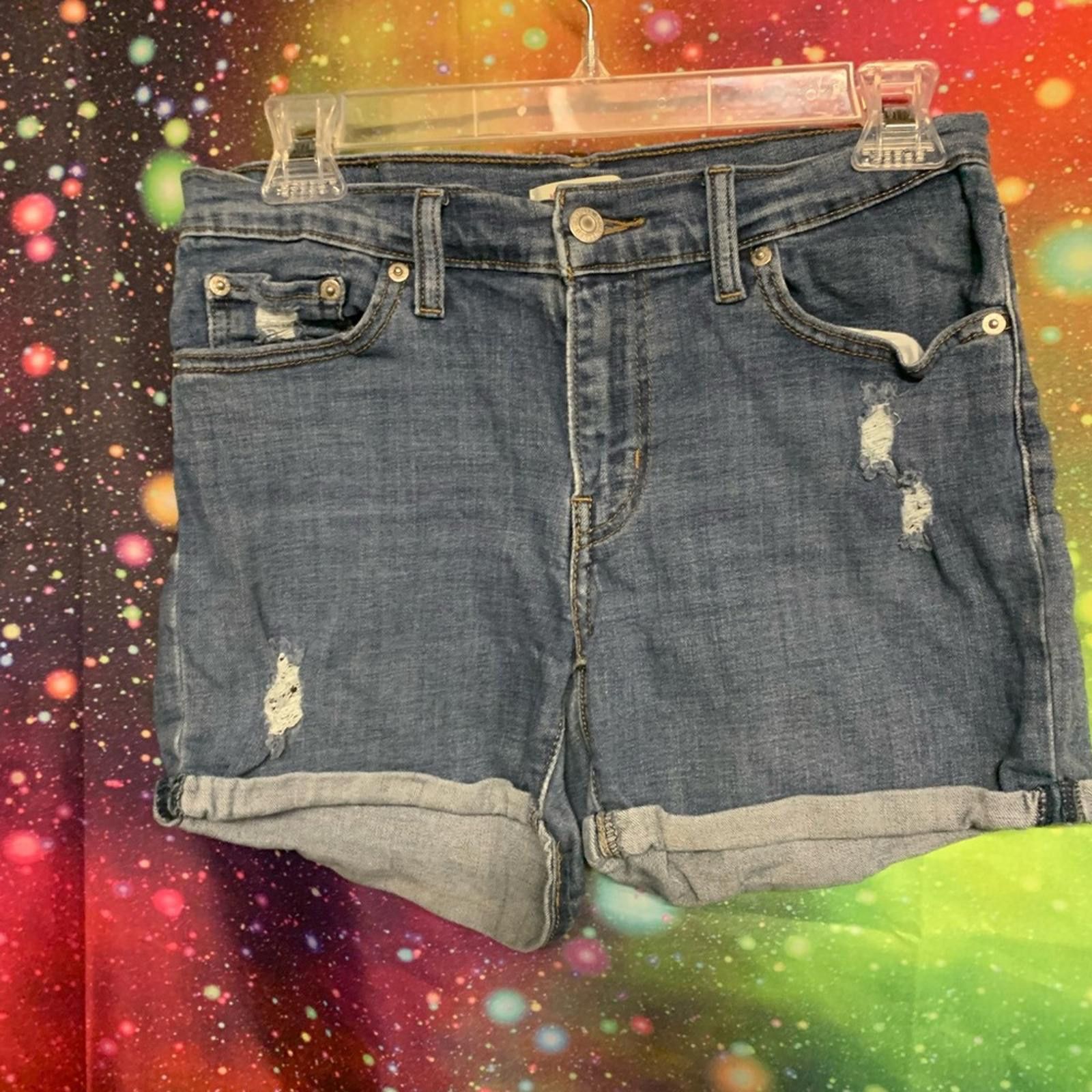 Designer Blue Jean Shorts with Distressed Rolled Hem Size 27" / US 4 / IT 40 - 1 Thumbnail
