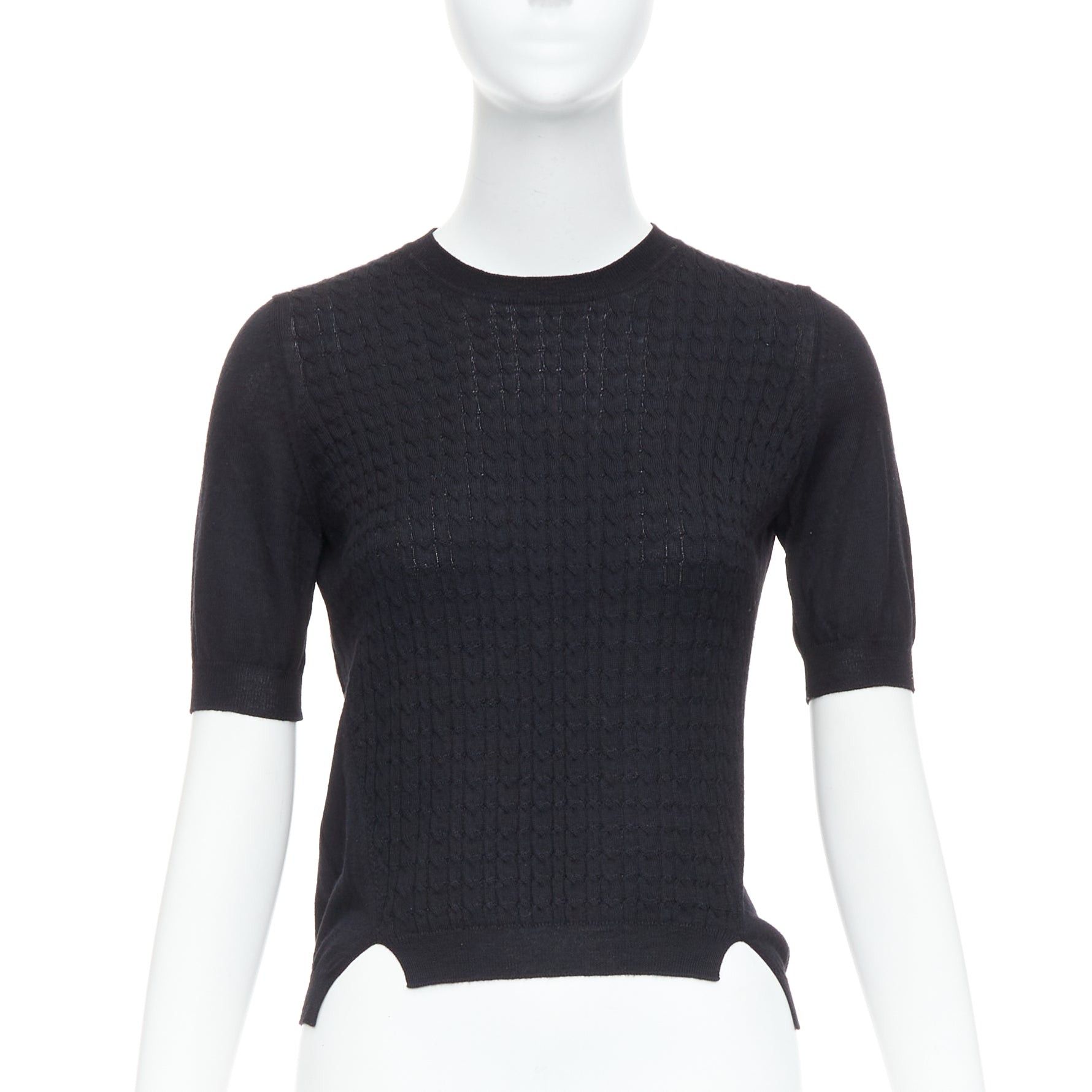 Miu Miu MIU MIU black cable knit side slits short sleeve sweater top IT38 XS Size S / US 4 / IT 40 - 1 Thumbnail