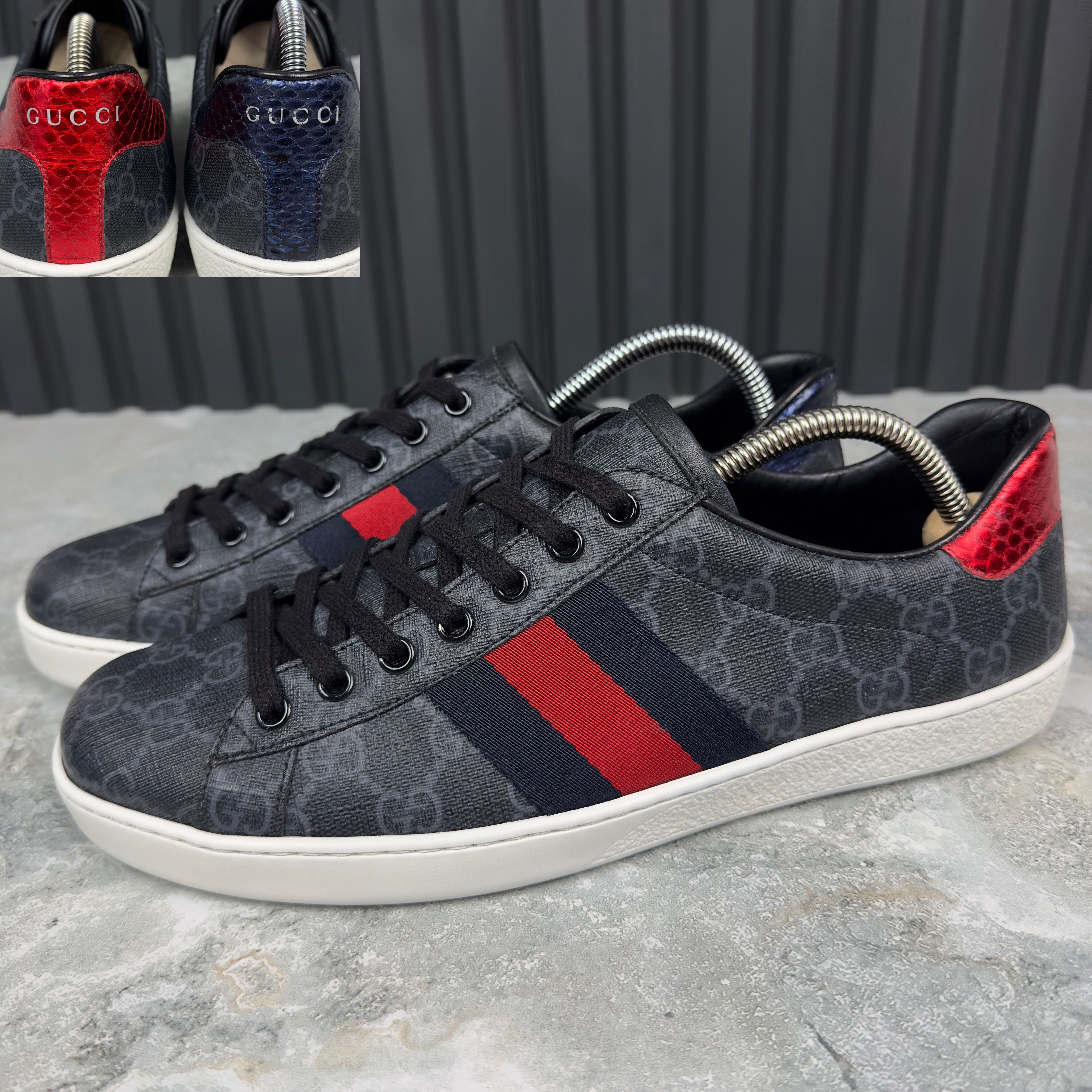 image of Gucci Ace Web GG Monogram Sneakers Leather in Grey, Men's (Size 8)