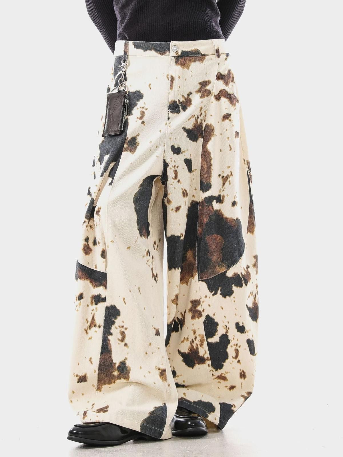 Vintage Cream Cow Print Wide Leg Pants, Baggy Loose Fit Pants Size US 30 / EU 46 - 2 Thumbnail