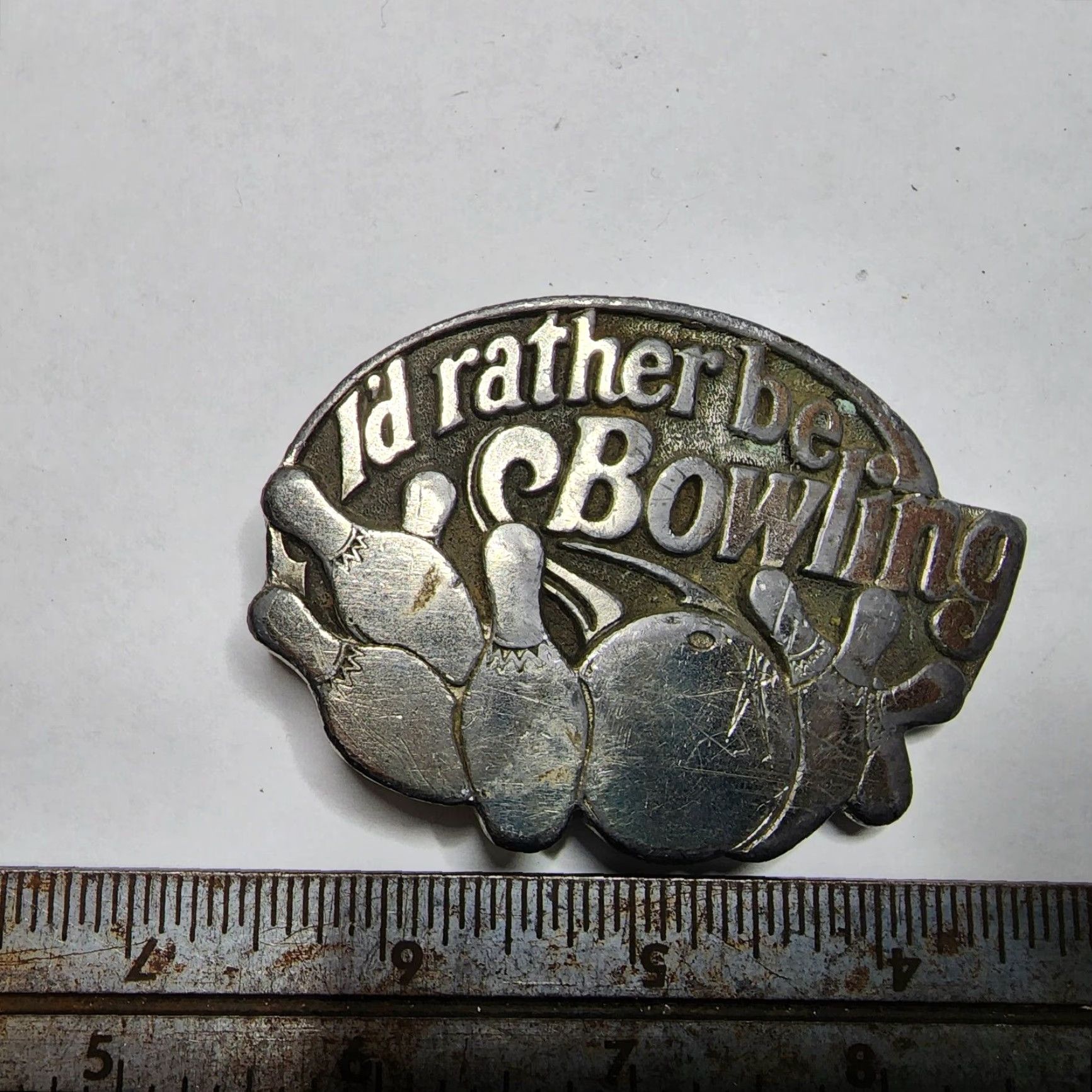 Vintage VINTAGE Great American Buckle Co. Metal Belt Buckle 1984 I'D RATHER BE BOWLING Mens Brass Retro 1980s Size ONE SIZE - 3 Thumbnail