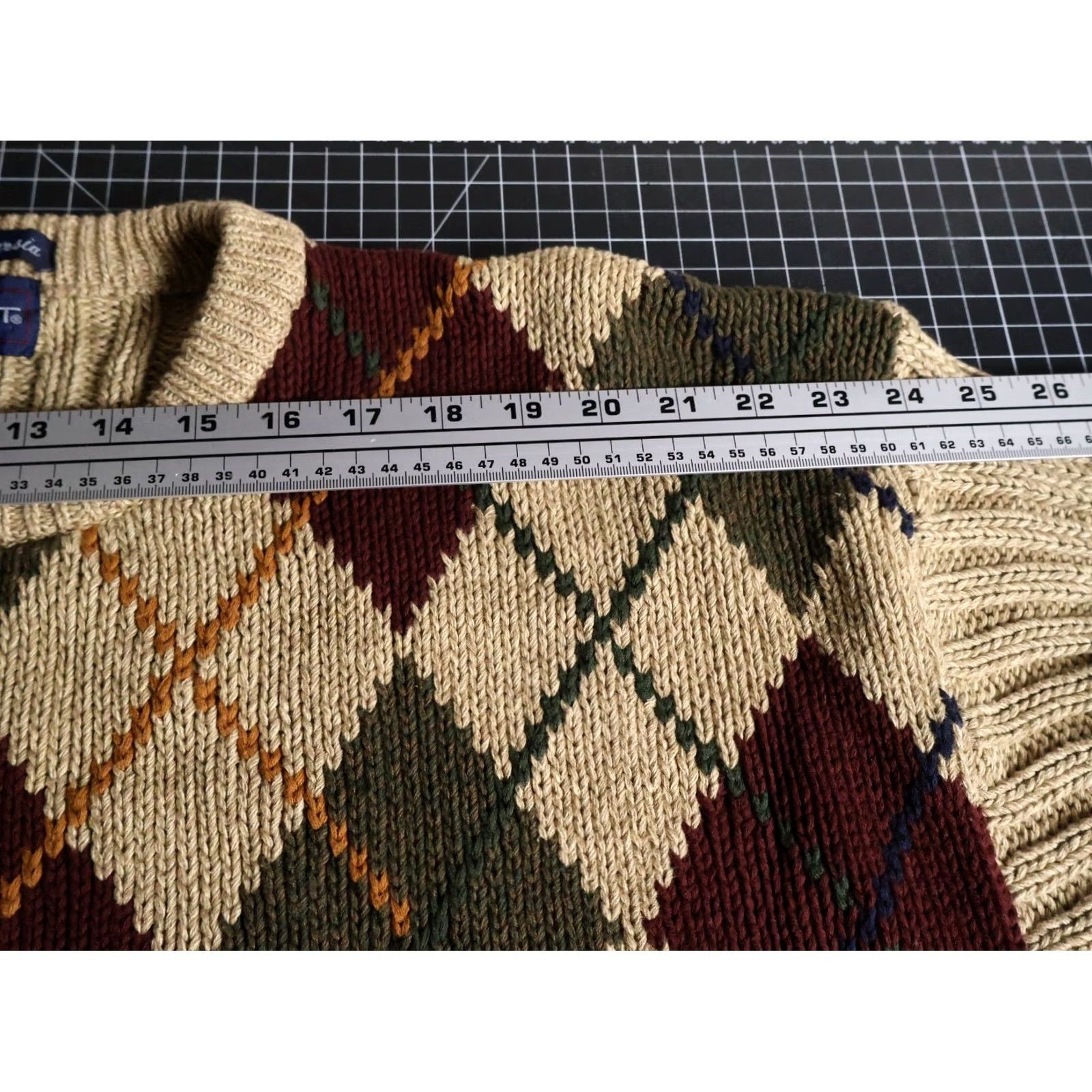 Gant VINTAGE GANT Sweater Men's Large Beige Argyle Hand Intarsia 100% Cotton Crew Neck Knit Pullover Size US L / EU 52-54 / 3 - 7 Thumbnail