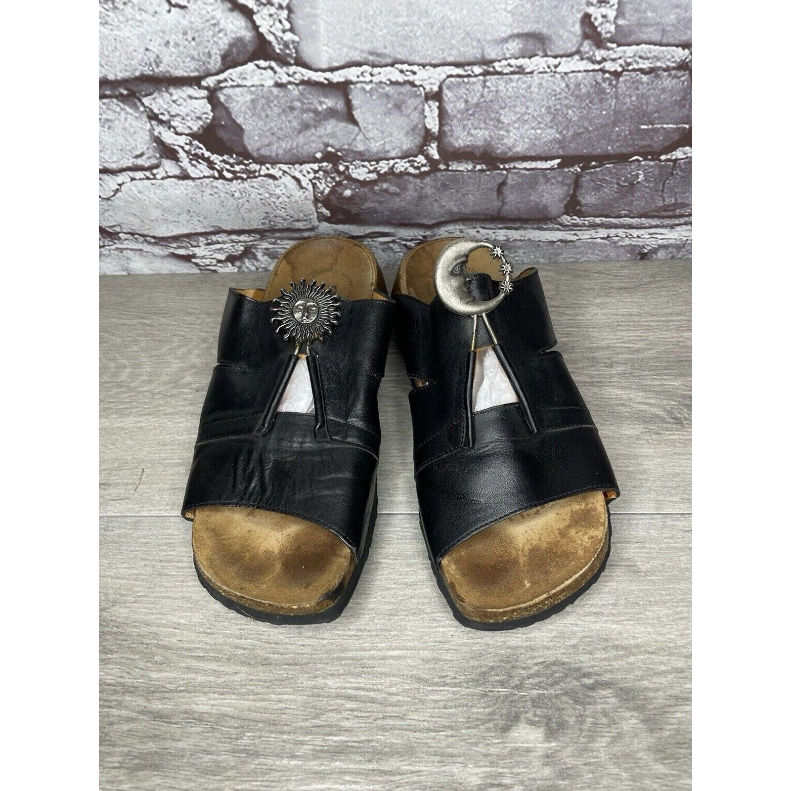 Other Think! Black Leather Cork Sun Moon Silver Wedge Sandals Wome Size US 6.5 / IT 36.5 - 4 Thumbnail