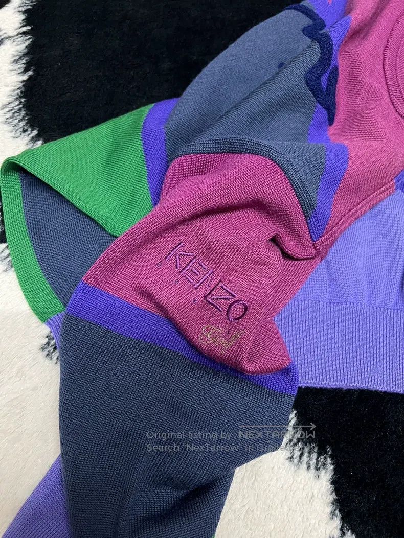 Kenzo 100% Wool Contrasting Color Sweater with Flock Logo