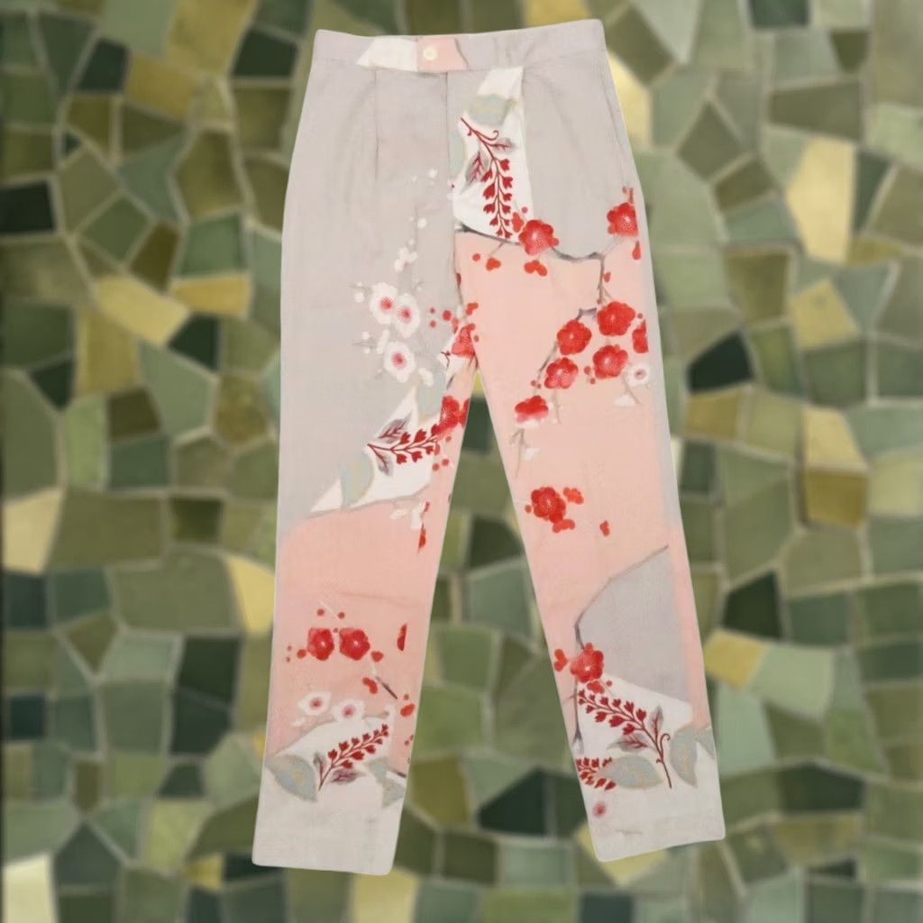 Vintage VINTAGE Vintage 90s Tan Cherry Blossom Floral Print Pants 27" Size 28" / US 6 / IT 42 - 1 Thumbnail