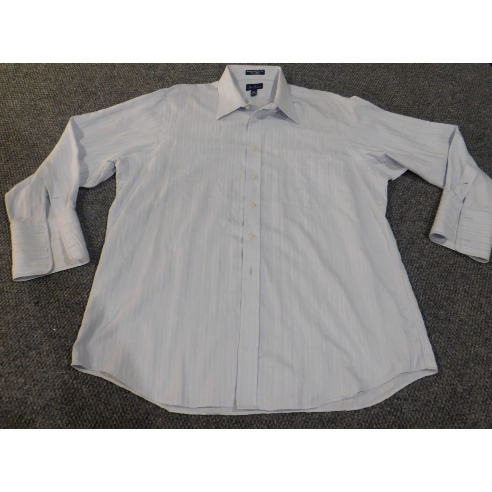 Vintage Paul Fredrick Dress Shirt Mens 17.5 Blue Pinpoint Button Up Collar Down Barrel Cuff Non-Iron Breathable Easy Care Fabric Knit Size 48R - 2 Thumbnail