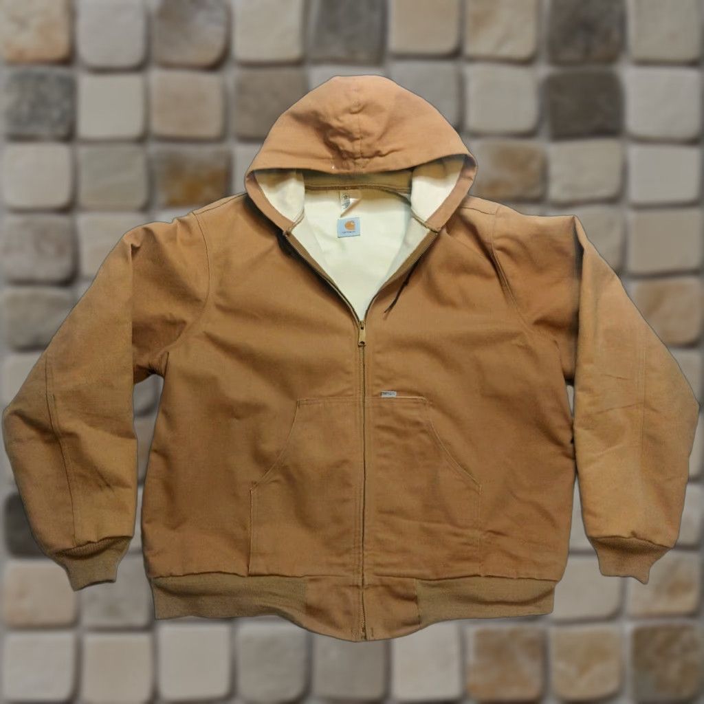 Carhartt VINTAGE Carhartt Jacket Mens 2XLT Hooded Wool Lined Bomber Canvas Workwear Brown Zip Front Mid-Length All Seasons 90s USA Outdoors Mens Size US XXL / EU 58 / 5 - 1 Thumbnail