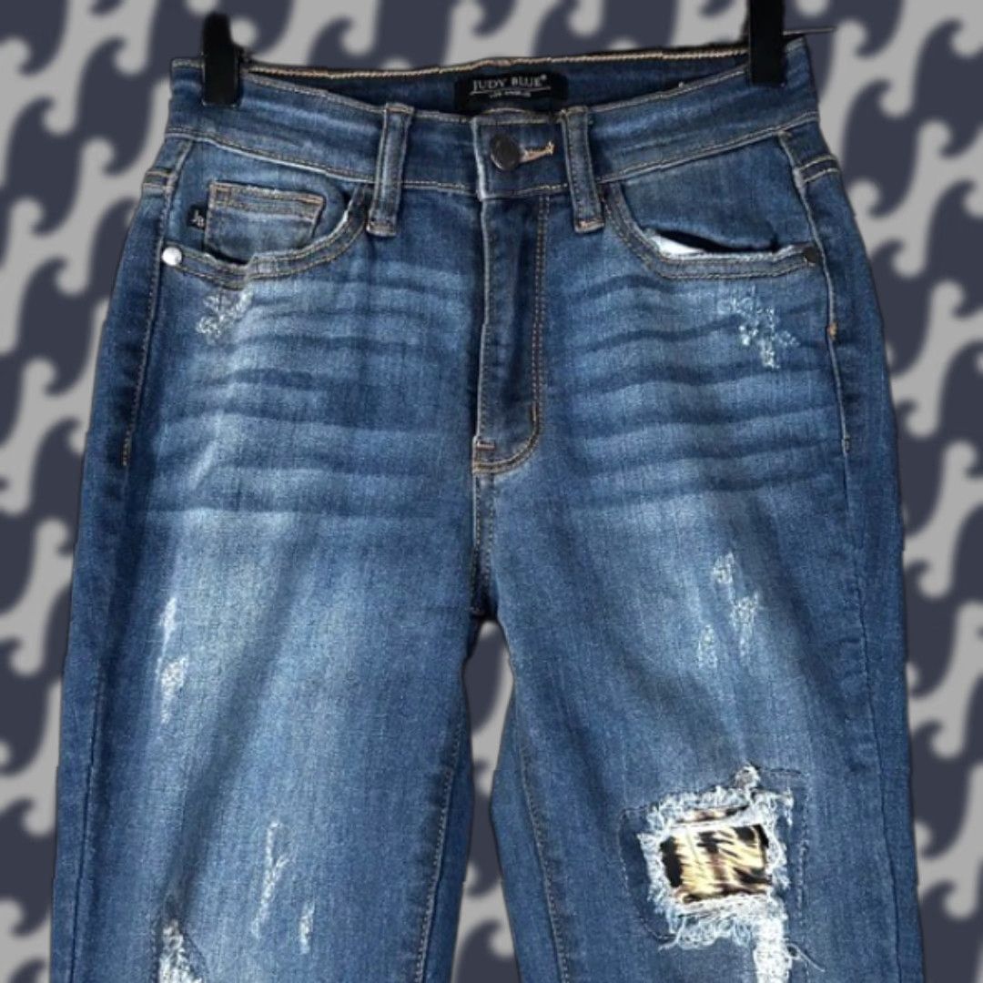 Vintage Judy Blue Jeans Skinny Distressed Leopard Patch 5-Pocket Denim Blue 24 Womens - JB82166DK Size 42" / US 20 - 1 Thumbnail