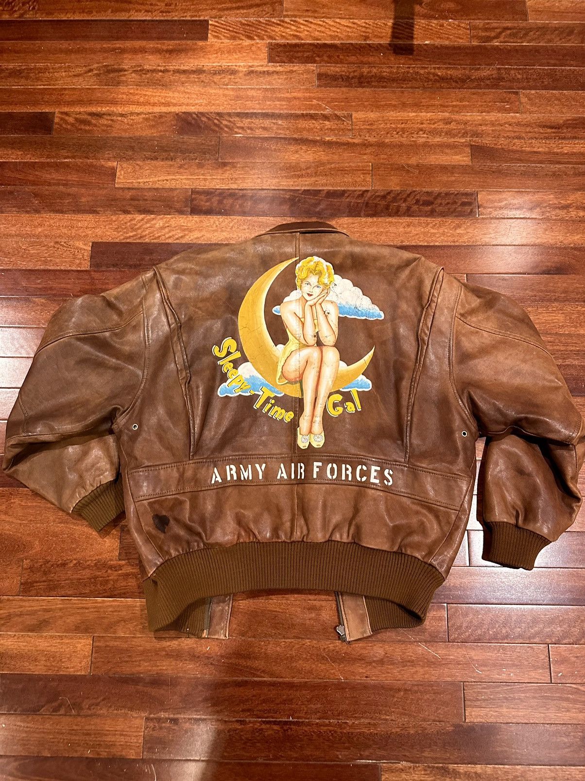 image of Avirex A-2 Leather Bomber Jacket Air Force Sleepy Time in Brown, Men's (Size Medium)