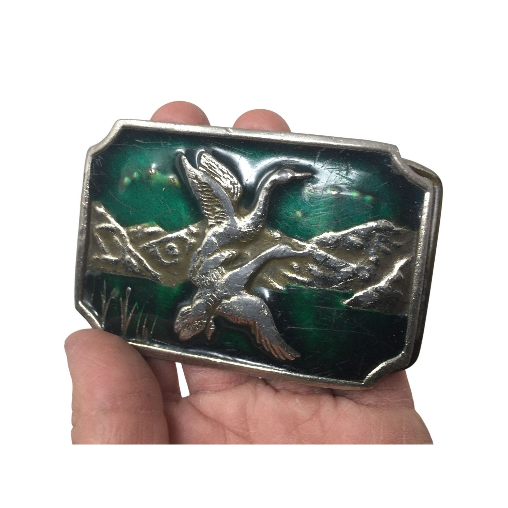 Other Vintage Silver and Green Men's Metal Belt Buckle with Two Fl Size ONE SIZE - 4 Thumbnail