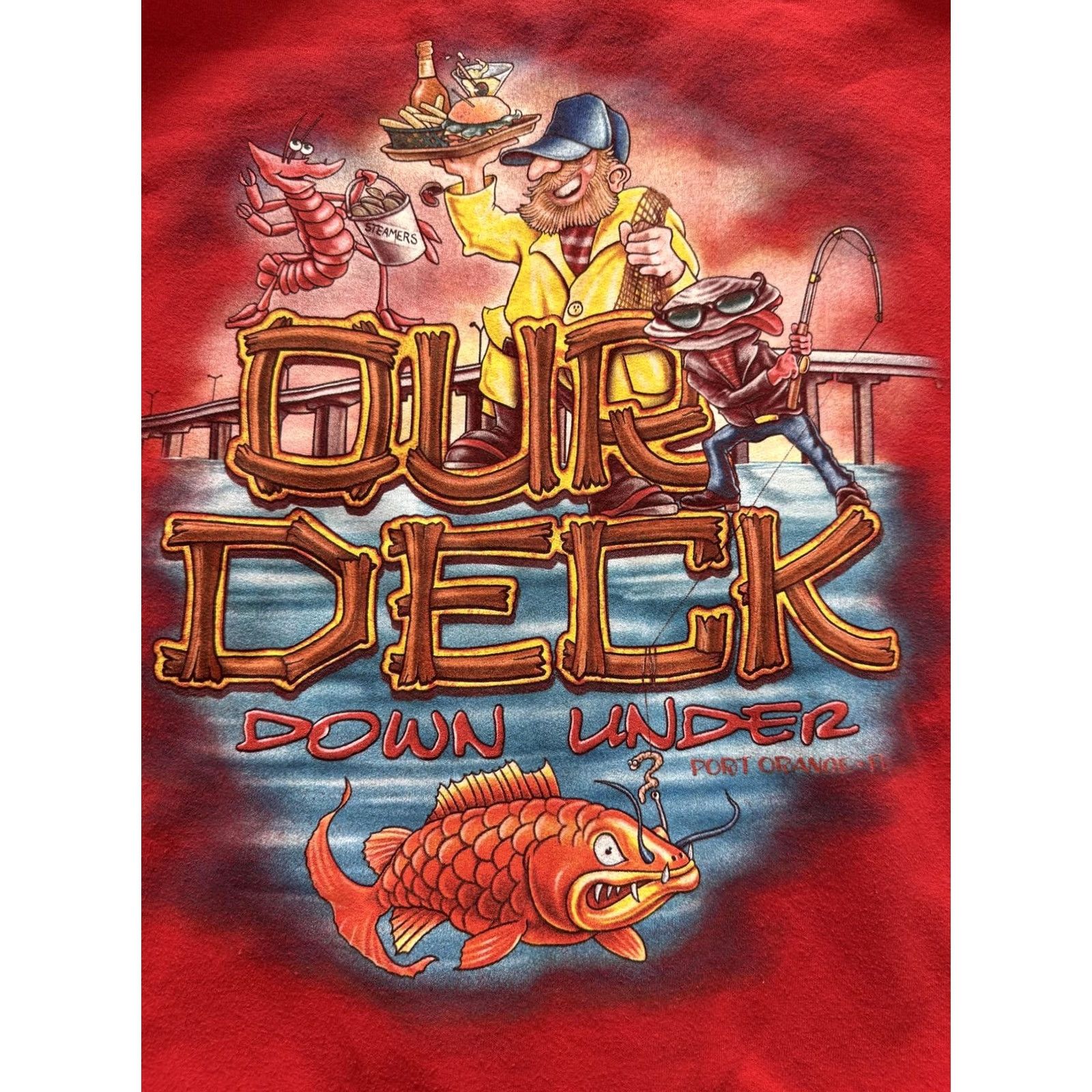 Gildan Hoodie Mens Large Red Full Zip Graphic Port Orange FL Fishing Our Deck Down Under Size US L / EU 52-54 / 3 - 2 Thumbnail