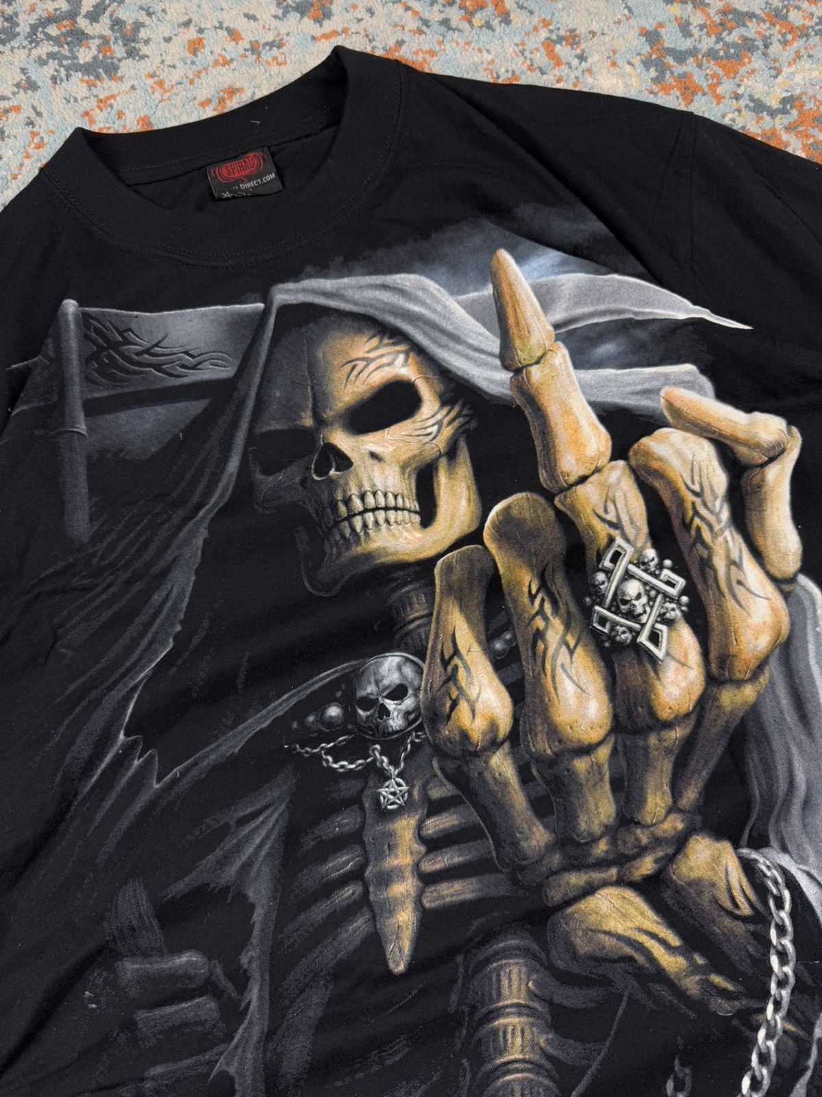 Vintage × West Coast Choppers Vintage 90s Spiral fuck you skull skeleton reaper tribal tee Size US XL / EU 56 / 4 - 7 Thumbnail