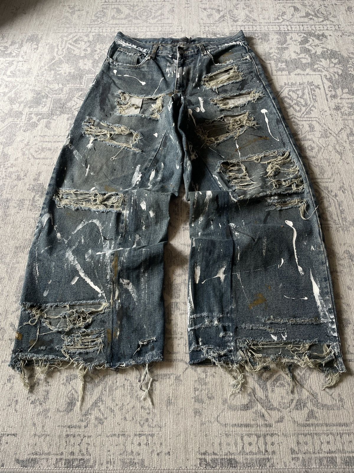 Pre-owned Hysteric Glamour X If Six Was Nine Distressed Japan Avant Garde Ripped Dirty Wide Baggy Jeans In Blue