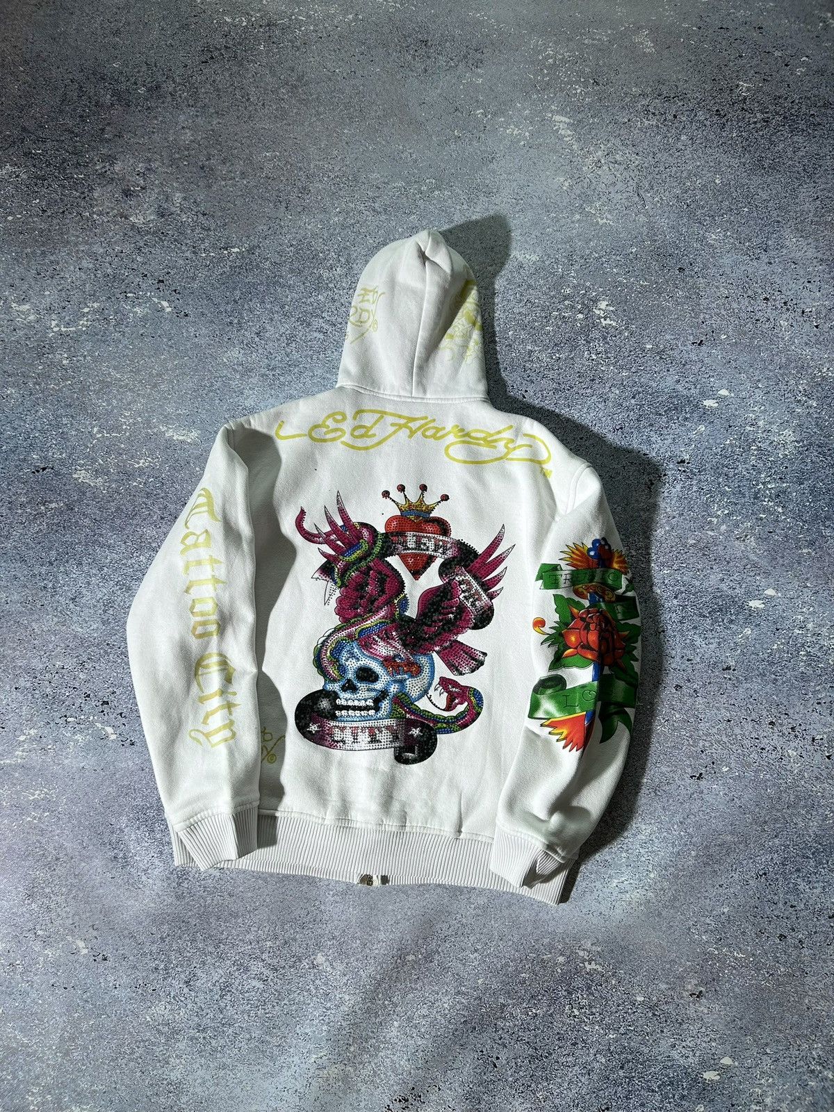 image of Ed Hardy Hoodie Y2K All Over Print Tattoo Skull in White, Men's (Size XL)