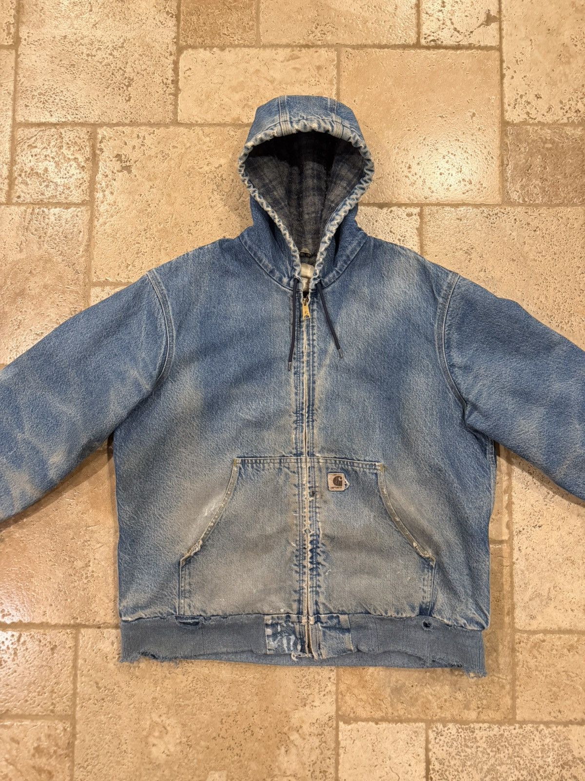 Carhartt Vintage Carhartt Denim Blanket Lined Thrashed Hooded Jacket Size US XL / EU 56 / 4 - 4 Thumbnail
