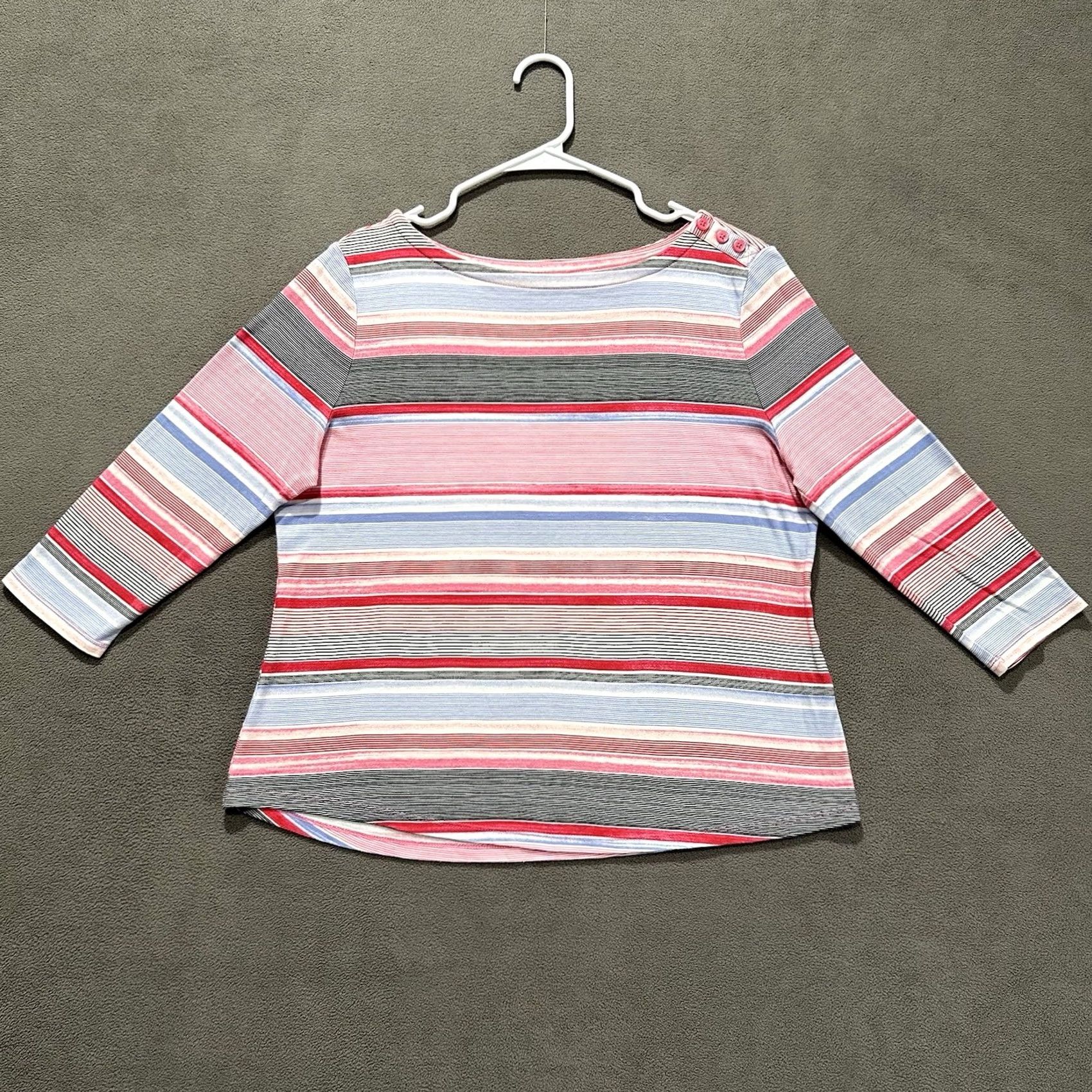 Charter Club Charter Club Womens PL Pink Striped Blouse 3/4 Sleeve Boat Neck Button EUC Top Size L / US 10 / IT 46 - 2 Thumbnail