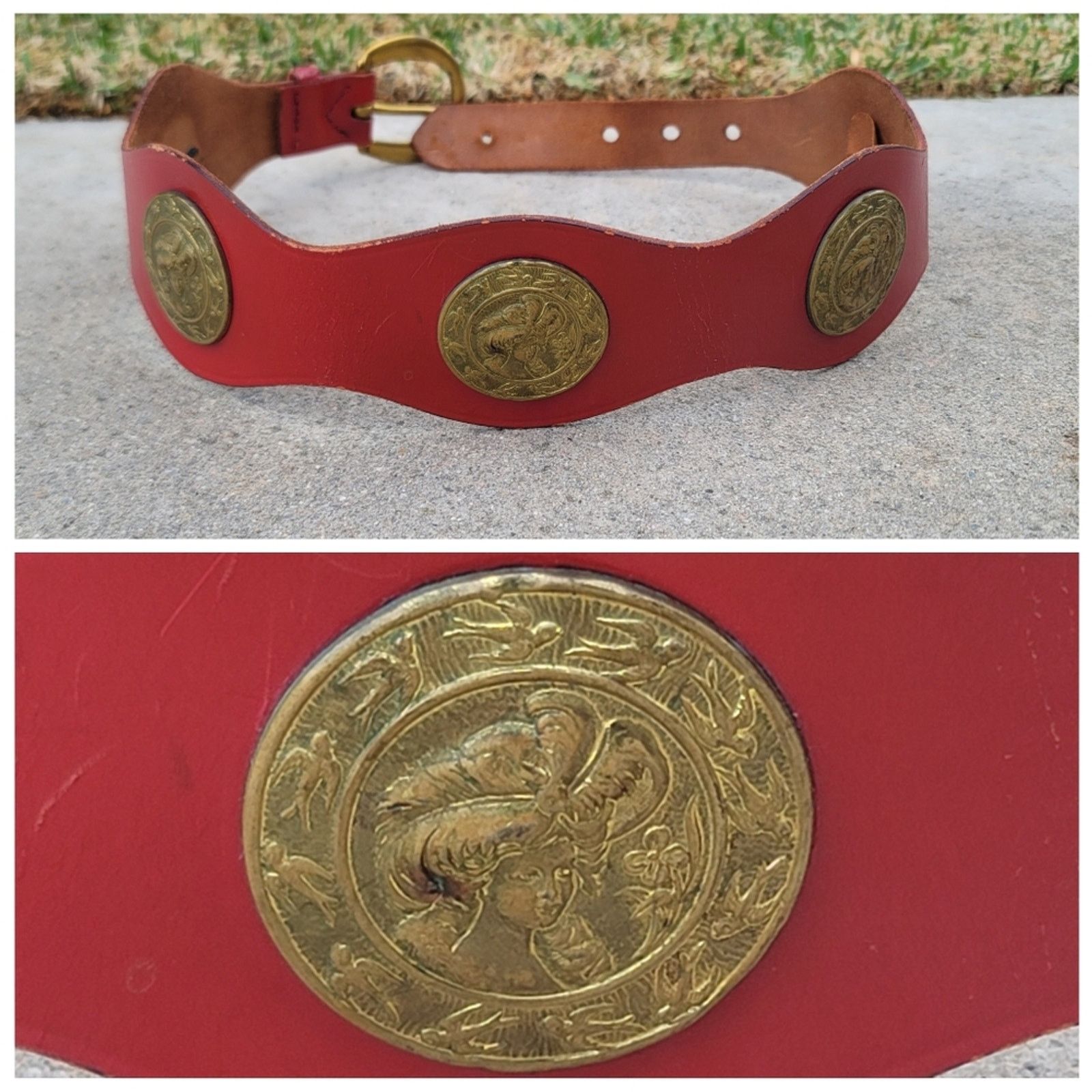 Handmade Vtg Handmade Leather Belt with Brass Victorian Lady Accents Size ONE SIZE - 1 Thumbnail