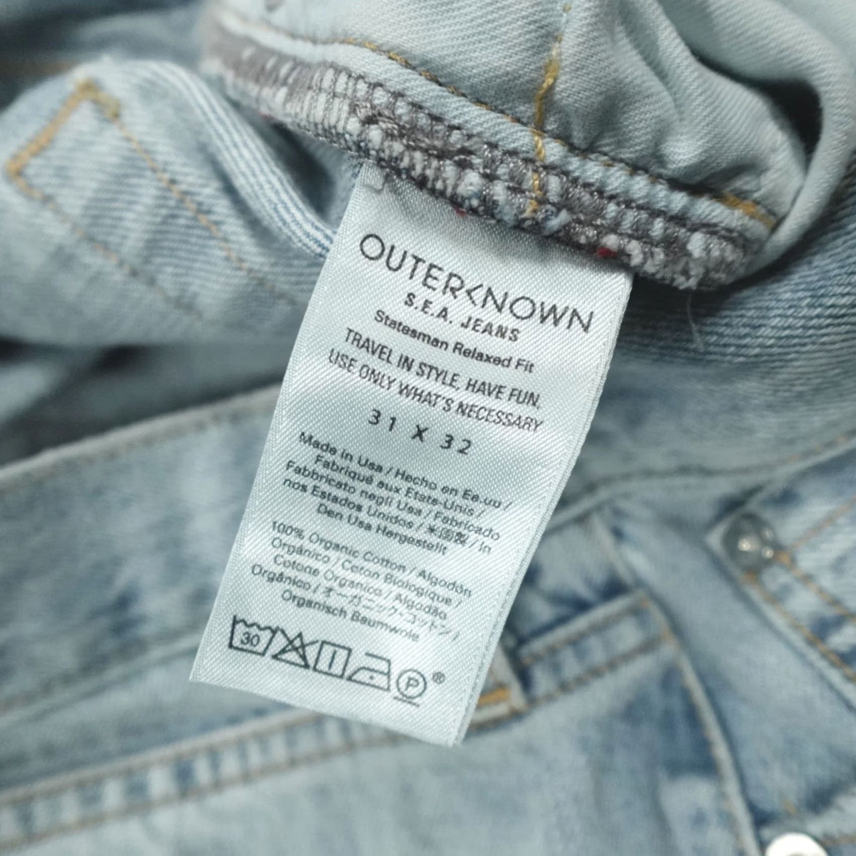 Outerknown Outerknown SEA Jeans Men's Size 31x32 Statesman Relaxed Fit SLT Blue Size US 31 - 4 Thumbnail