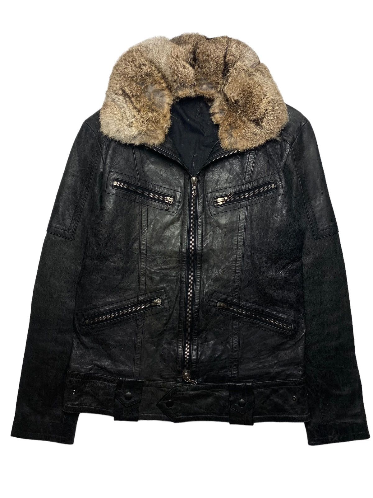 image of 14Th Addiction x Kmrii 2000S Shellac - Trim Fur Biker Leather Jacket Riri Zipper in Black (Size Med