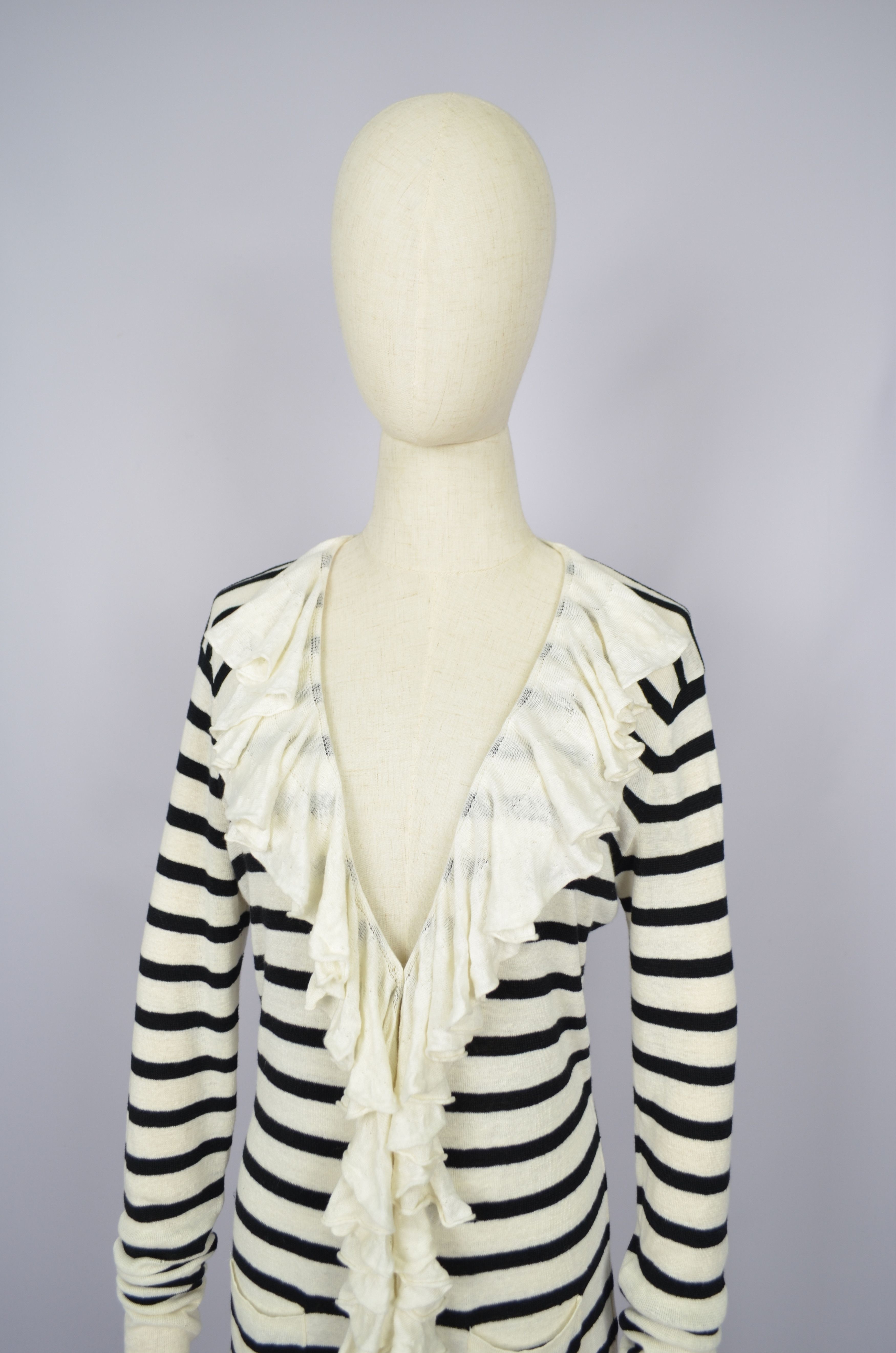 Ralph Lauren 100% Linen Knit Ribbed Trim Ruffled Cardigan