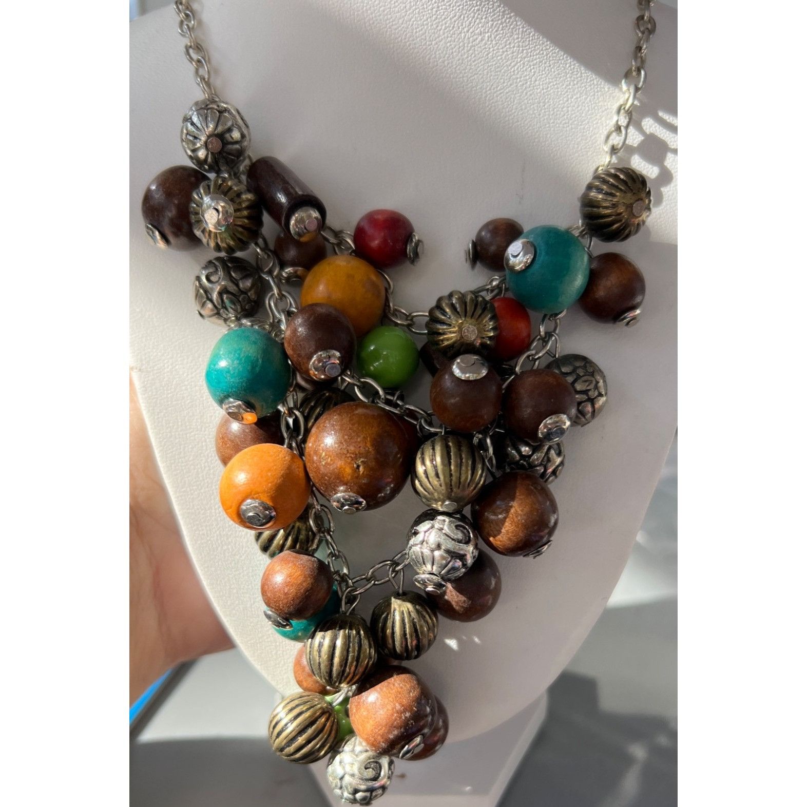 Other Vintage Silver Tone Statement Necklace Wood Bib Tribal Boho Size ONE SIZE - 1 Thumbnail