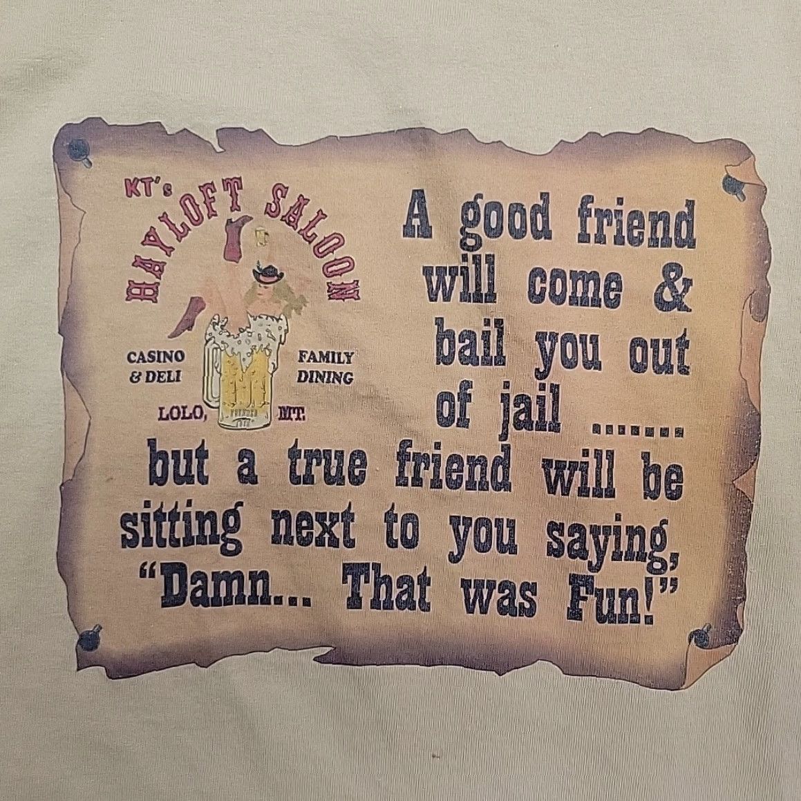 Vintage KT's Hayloft Saloon Shirt Mens XL Khaki Beer Casino Bar Deli Retro Vintage Cotton Graphic Print Crew Neck Short Sleeve T-Shirt MT 80s 90s Mens Size US XL / EU 56 / 4 - 5 Thumbnail