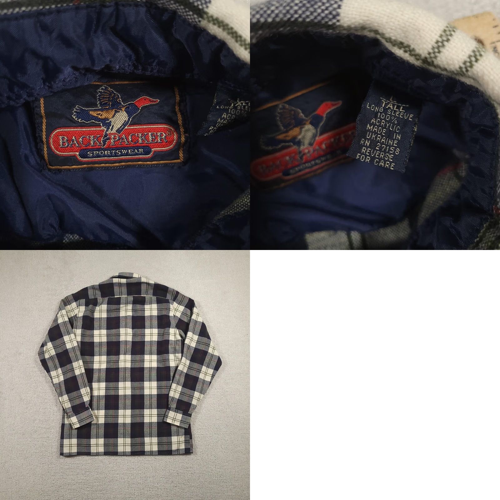 Vintage Back Packer Sportswear Shirt Mens LT Big & Tall Plaid Flannel Lined Navy Cream Blue | Button-Up | Long Sleeve | 100% Acrylic | Pocketed | Vintage No Size US L / EU 52-54 / 3 - 8 Thumbnail