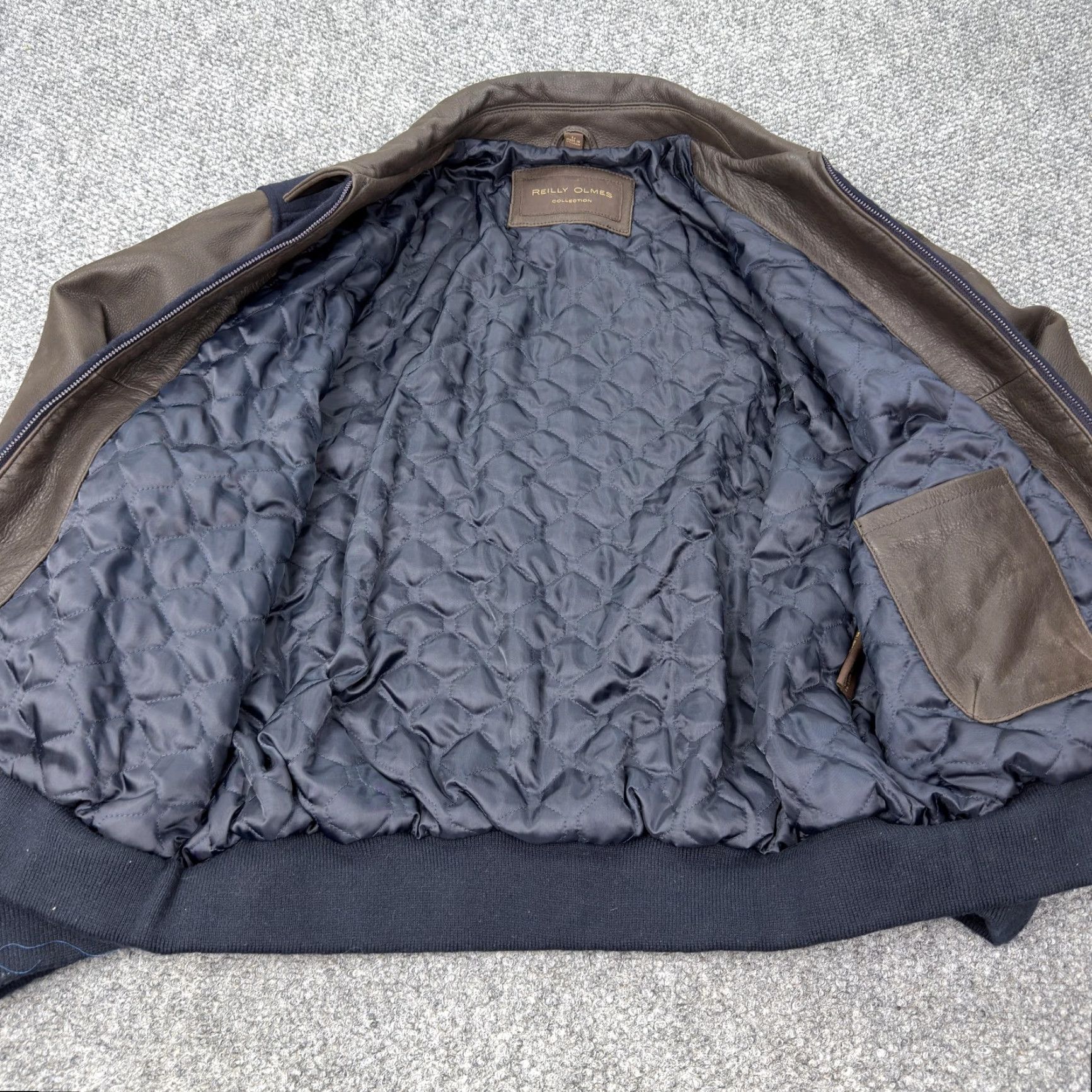 Vintage VINTAGE Reilly Olmes Jacket Mens L Wool Leather Bomber Zip Navy Brown Size US L / EU 52-54 / 3 - 5 Thumbnail