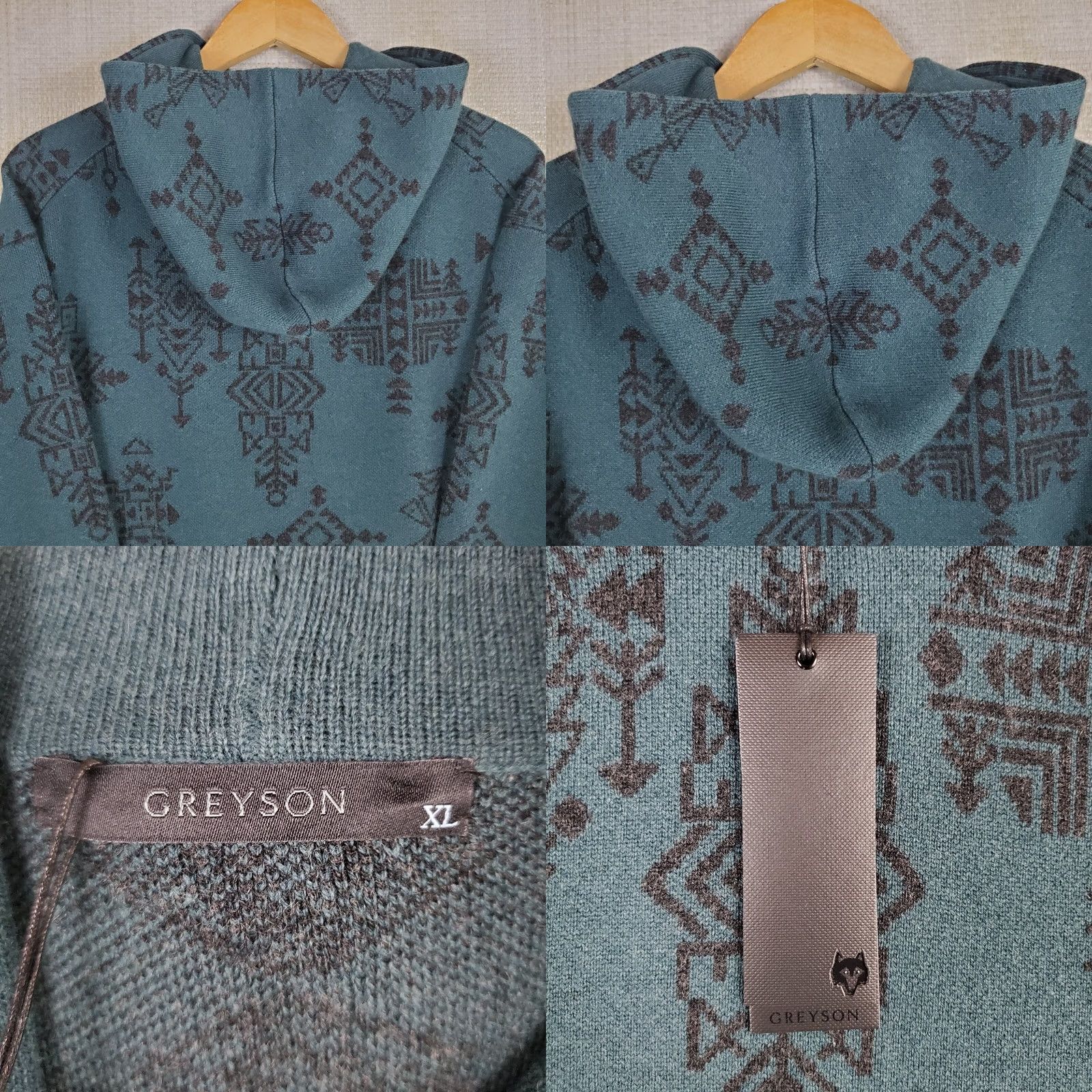 Vintage Greyson Mens Heavyweight Pullover Sweater Hooded Aztec Southwest Green XL Cashmere Wool Crew Neck Long Sleeve All Seasons Christmas NWT Size US XL / EU 56 / 4 - 8 Thumbnail