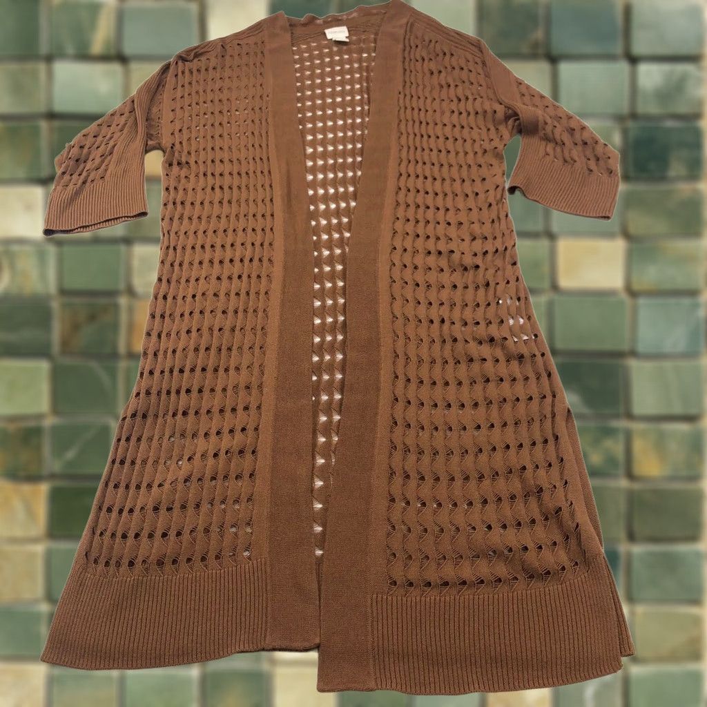 Vintage Chico's 2 Brown Geometric Rayon 3/4 Sleeve Cardigan Open Front Duster Sweater Size XS / US 0-2 / IT 36-38 - 1 Thumbnail