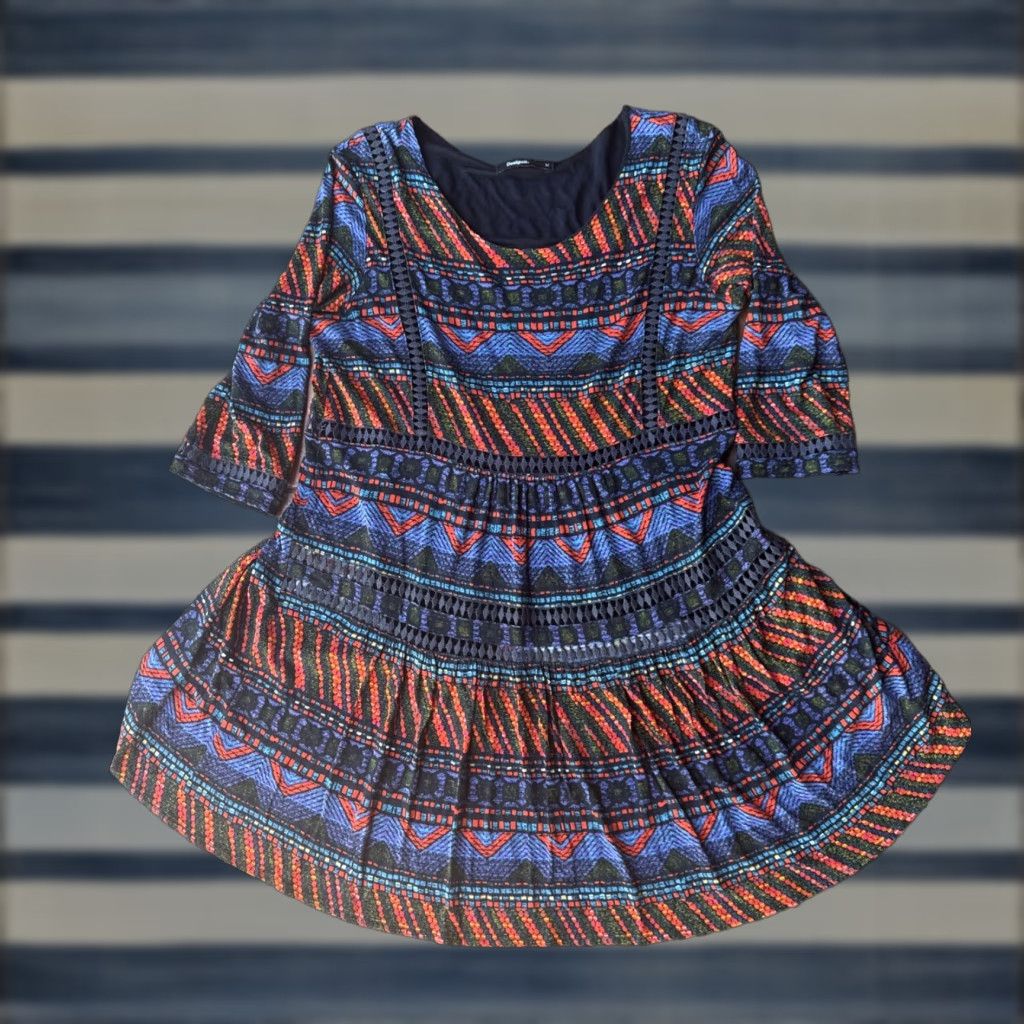 Desigual Desigual Patterned 3/4 Sleeve Dress Women's Medium Boho Geometric Multicolor Size M / US 6-8 / IT 42-44 - 1 Thumbnail