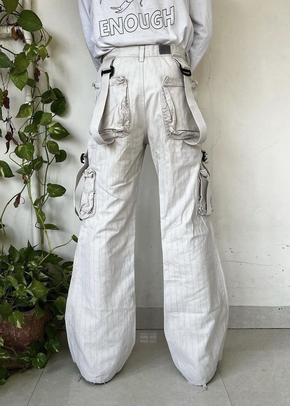 image of Le Grande Bleu L G B x Yasuyuki Ishii Vintage Bondage Multi-Pocket Flare Cargo Pants in White (Size