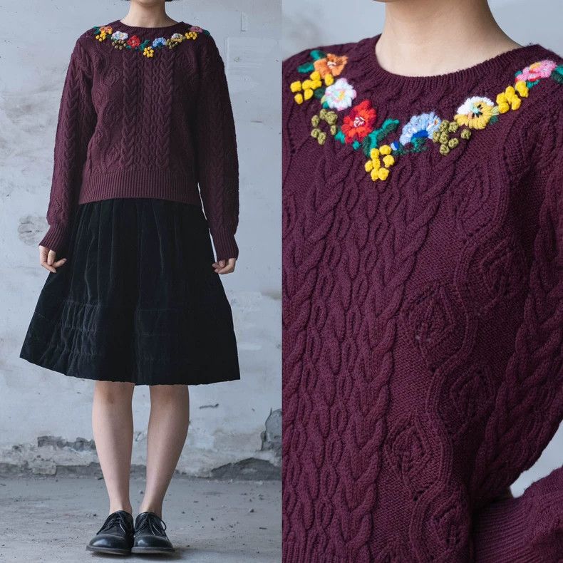 Kenzo KENZO Red embroidered floral knit sweater with wine red ac Size M / US 6-8 / IT 42-44 - 2 Thumbnail