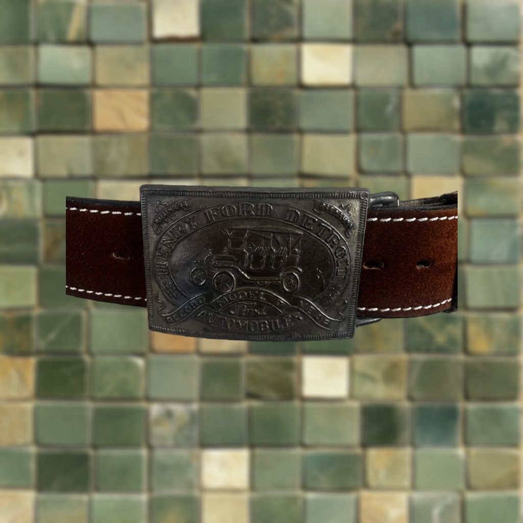 Vintage VINTAGE K-Mart Leather Belt Henry Ford Buckle Medium 34-36 Genuine Split Cow Hide Western Belt Mens N/A Size ONE SIZE - 1 Thumbnail
