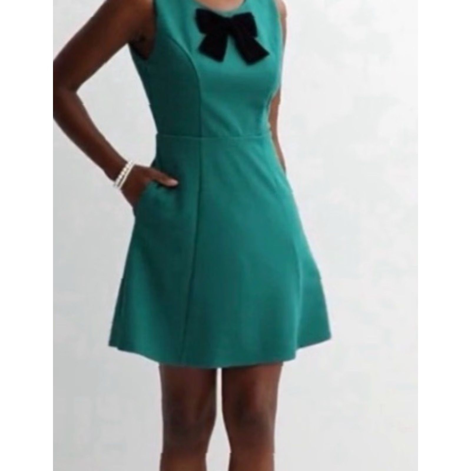 Vintage Draper James XL Green Sleeveless Velvet BLACK BOW TIE Ponte Dress pockets Flared Size XL / US 12-14 / IT 48-50 - 7 Thumbnail