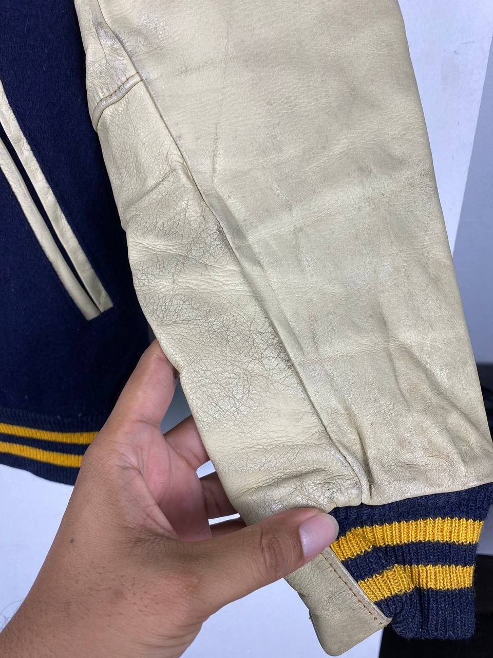 vintage 70s/80s golden bear varsity jacket leather sleeves