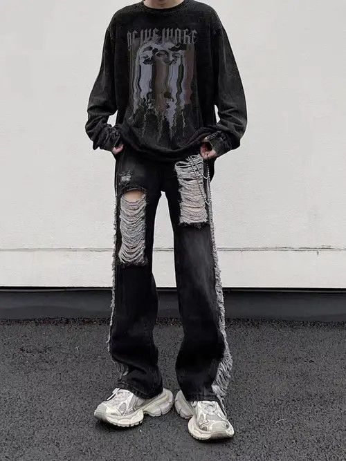 VIBE Retro fringed ripped straight-leg draped jeans Size US 32 / EU 48 - 7 Thumbnail