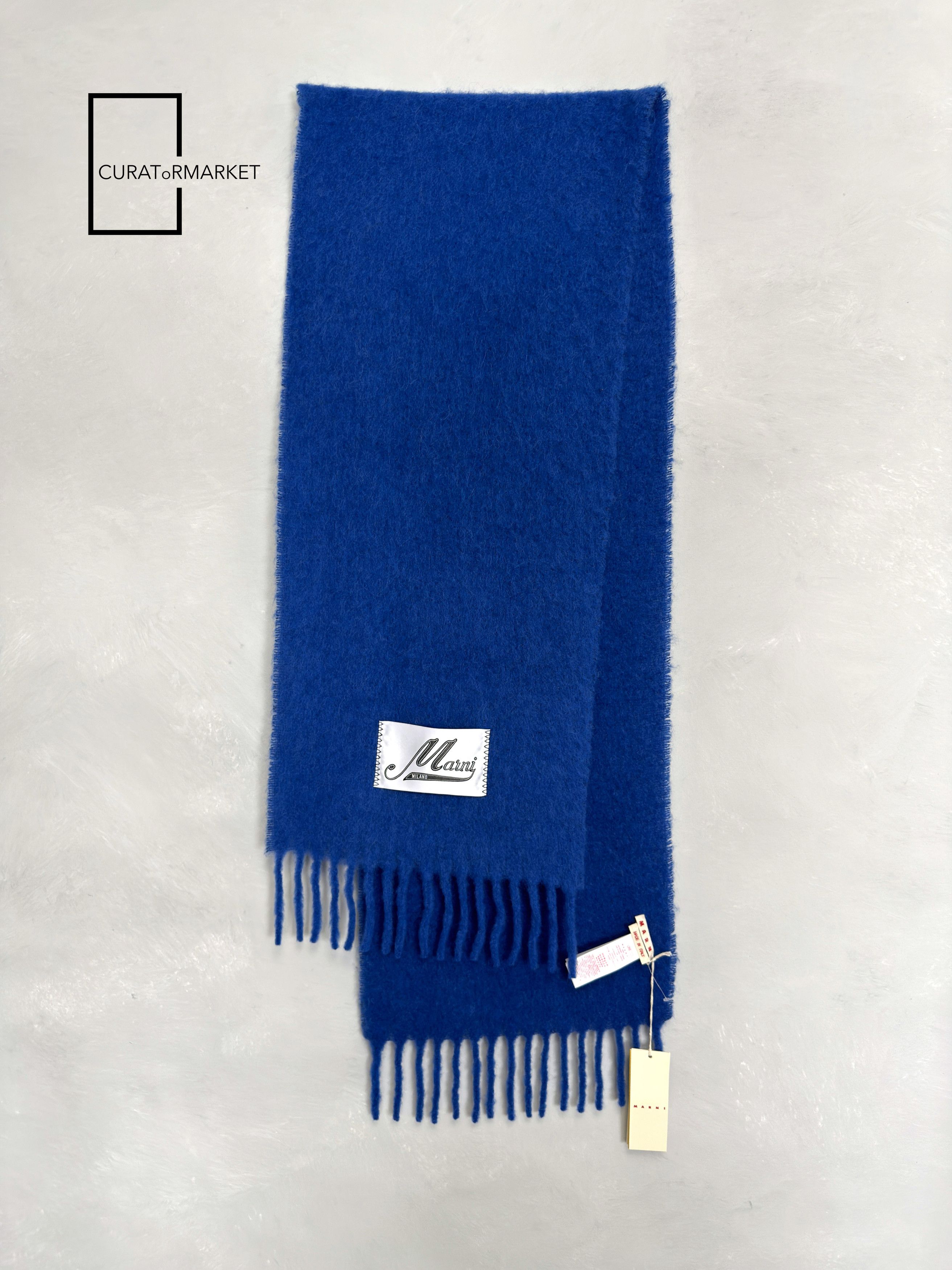 Embroidered Logo Alpaca Felted Wool Classic Blue Scarf FW26