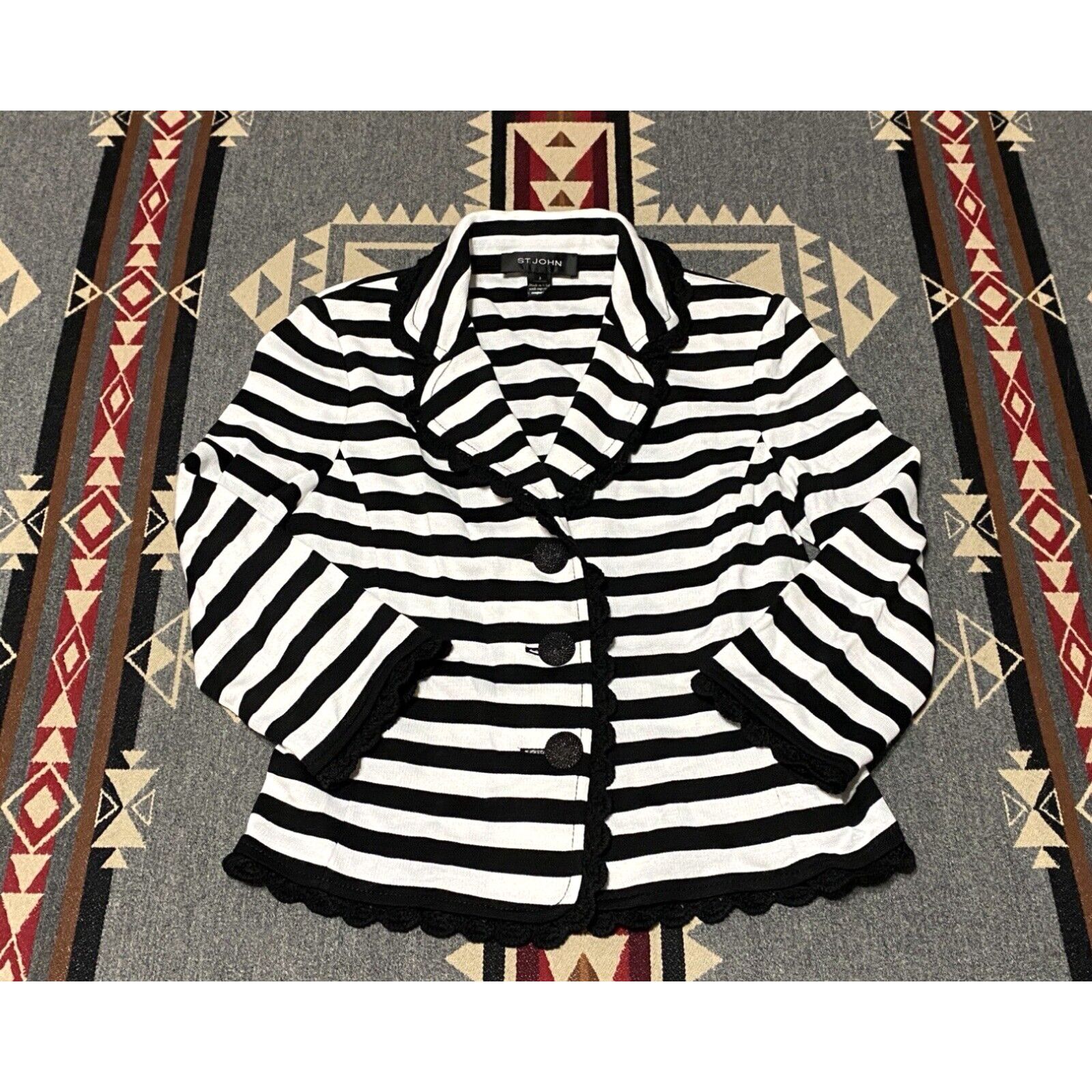 image of Vintage St. John Black White Stripe Button Jacket W/ Knit Lace Border Size 2 Usa Made T62, Women's